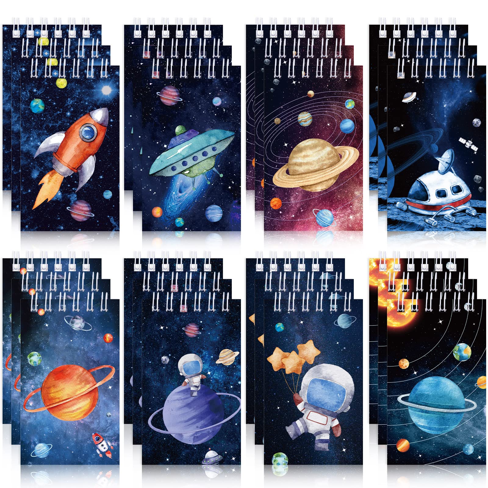 Teling 24 Pieces Outer Space Notepads Galaxy Mini Notebooks Space Birthday Party Favors Astronaut Rocket Planet Mini Spiral Notepads for Solar System