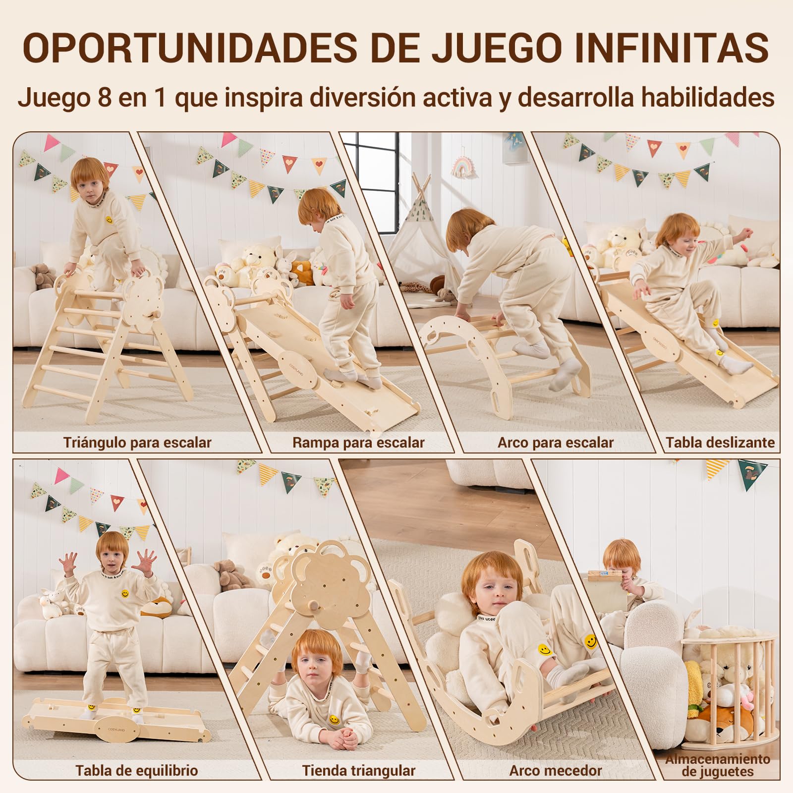 COSYLAND 8 en 1 Triángulo de Escalada Montessori con Arco y Rampa, Set Plegable Infantil, Juguete de Madera Resistente para Interior, Niños 18 Meses-6 años, Natural/Madera Clara, Grande - 4