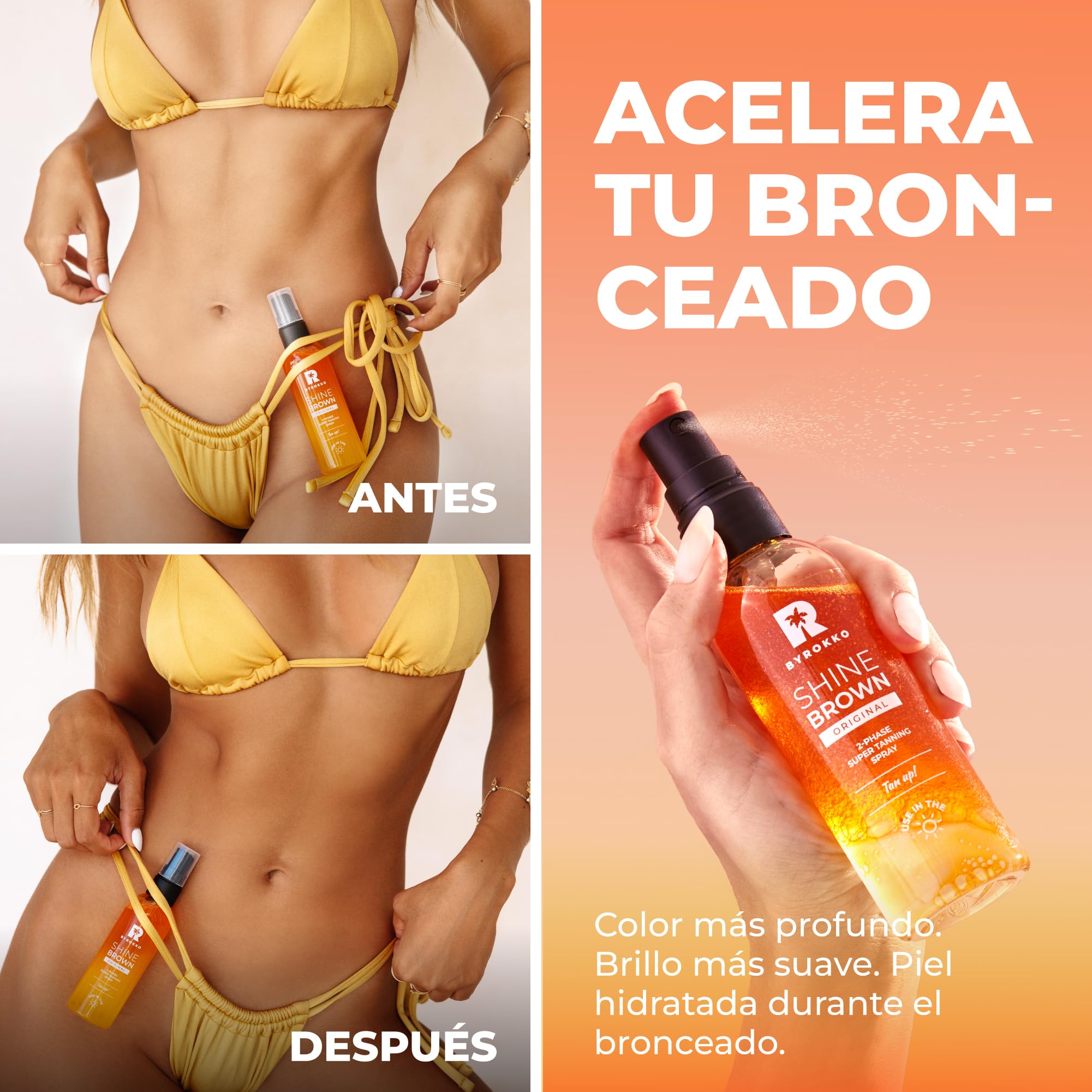 BYROKKO Shine Brown Spray Superbronceador Bifásico (100 ml), Eficaz en Solárium y al Sol, con Aceites Naturales y Ácido Hialurónico para un Bronceado más Intenso, con aroma a Mango soleado