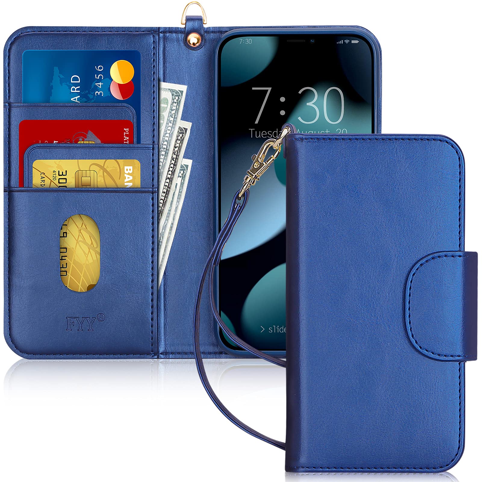 FYY Case for iPhone 13 Pro Max 6.7", [Kickstand Feature] Luxury PU Leather Wallet Case Flip Folio Cover with [Card Slots] and [Note Pockets] for iPhone 13 Pro Max 5G 6.7" Navy