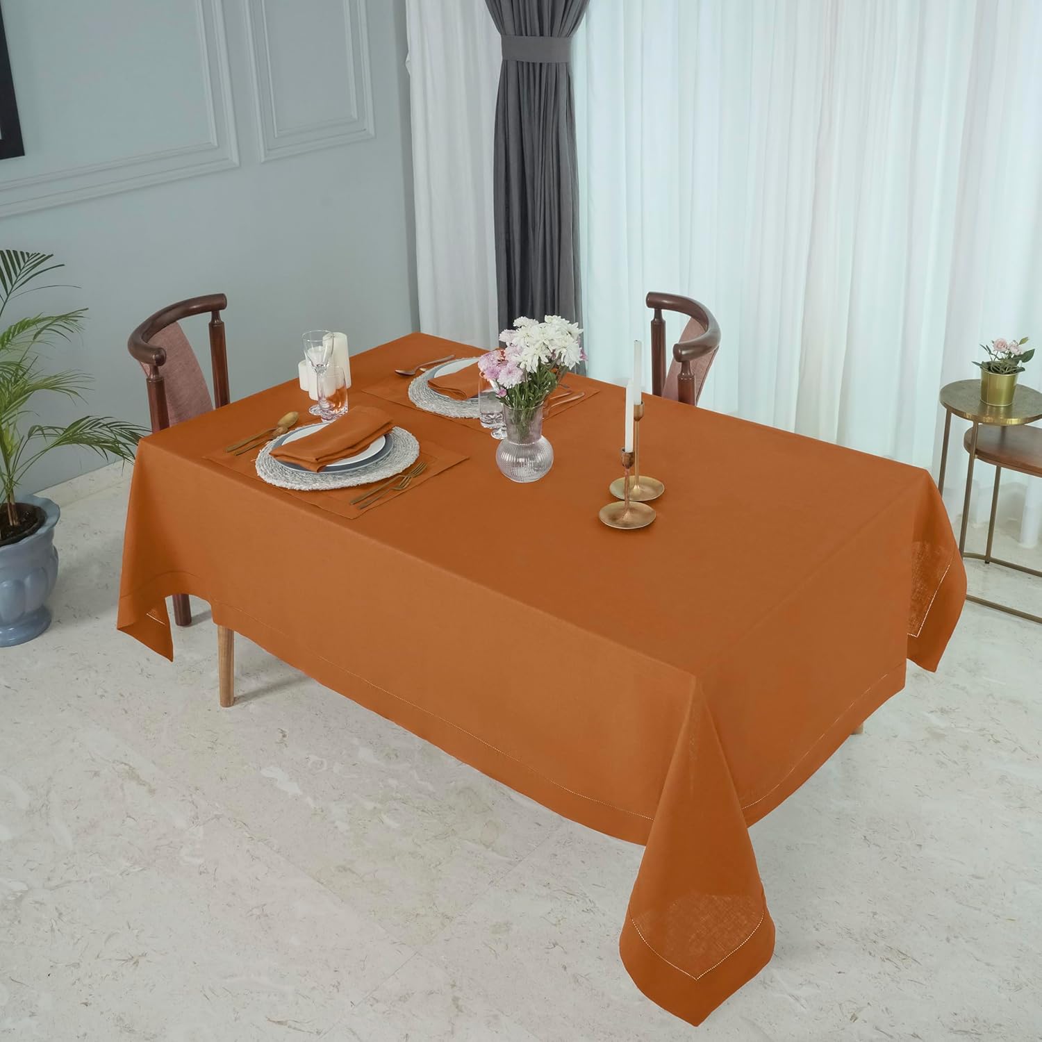 D'Moksha Homes Rust Linen Tablecloth for Rectangle Tables 60 x 144 Inch - 100% Pure Linen Rust Table Cloth - Classic Hemstitch, Machine Washable Dining Tablecloth for Spring, Easter