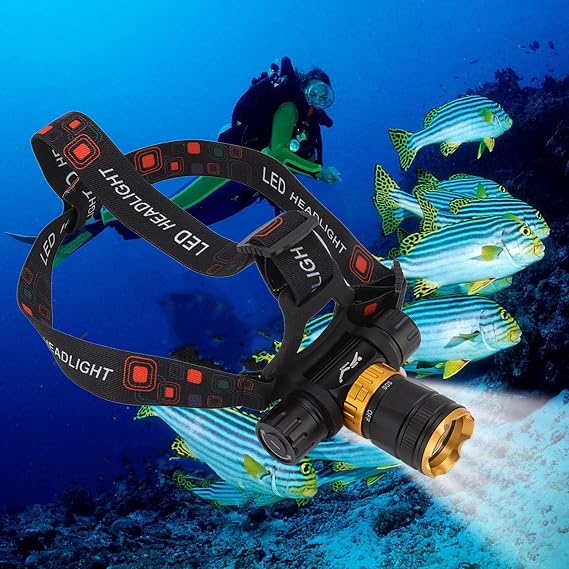 LED Rechargeable Headlamp, 5000LM Bright LED Scuba Diving Headlamp with 5 Light Mode, IPX8 180 Rotation Underwater Head Torch Submarine Safety Headlight for Climbing, Running