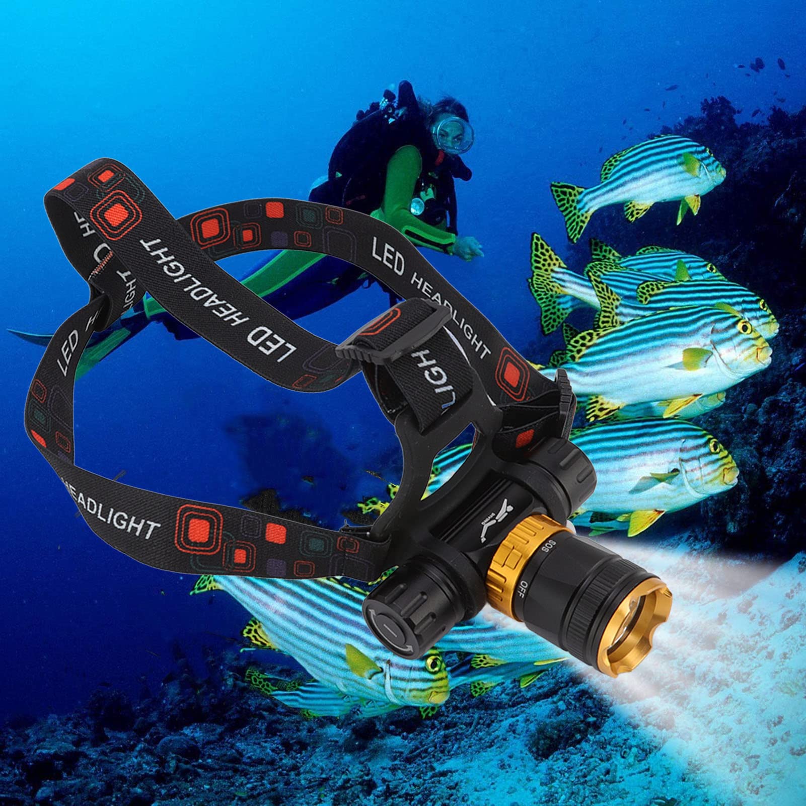 Cryfokt Lampada Frontale Subacquea 5000LM, 100m, Rotazione 180°