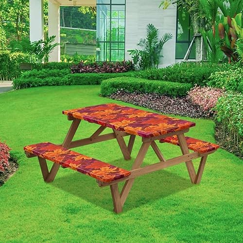 Miniatura 2 de Juego de 3 manteles rectangulares elásticos con hojas de arce otoñales, para mesas de campamento, tela de poliéster, impermeable, para campamento,