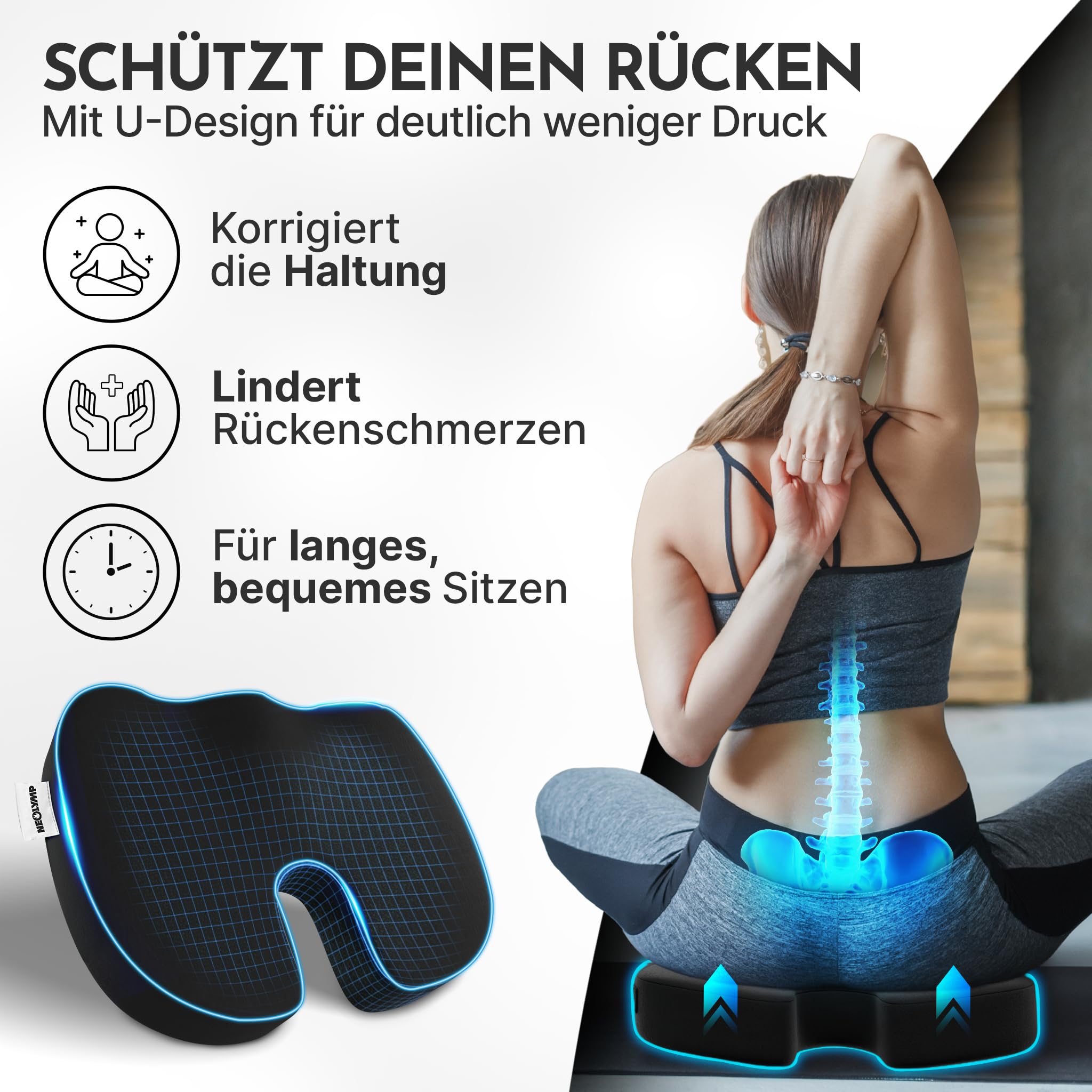 NEOLYMP Orthopädisches Sitzkissen – Memory Foam Kissen mit Steißbein-Aussparung – Ergonomisches Design für Büro, Auto & Reisen – 3 Härtegrade für Sitzkomfort (Schwarz, Fest | 80-130 kg)