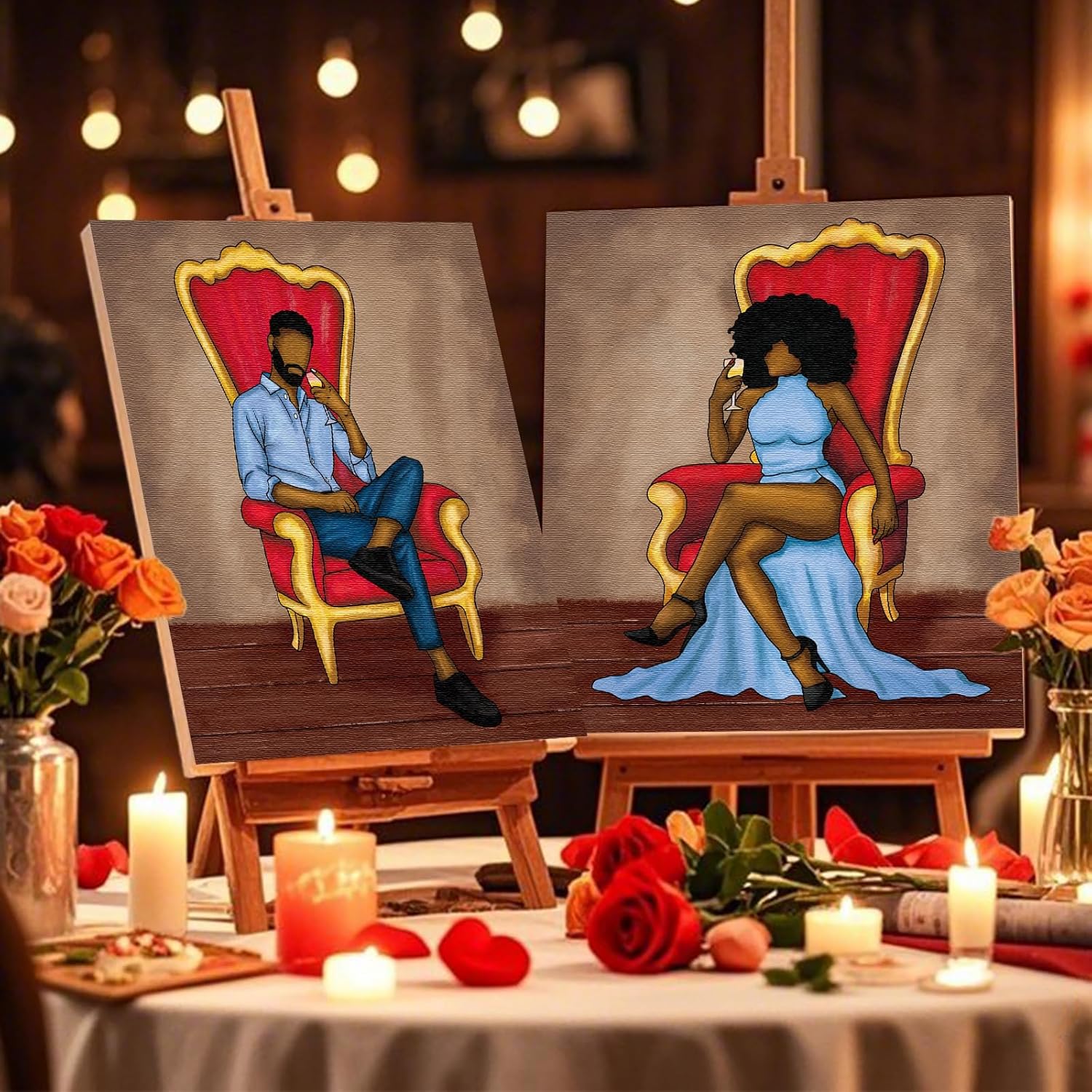 Nuberlic Date Night Painting Kit for Couples Sip and Paint Kit for Adults Couples Pre Drawn Canvas to Paint for Adults Afro King Queen Valentines Date Night Party 2 Pack 8" X 10"