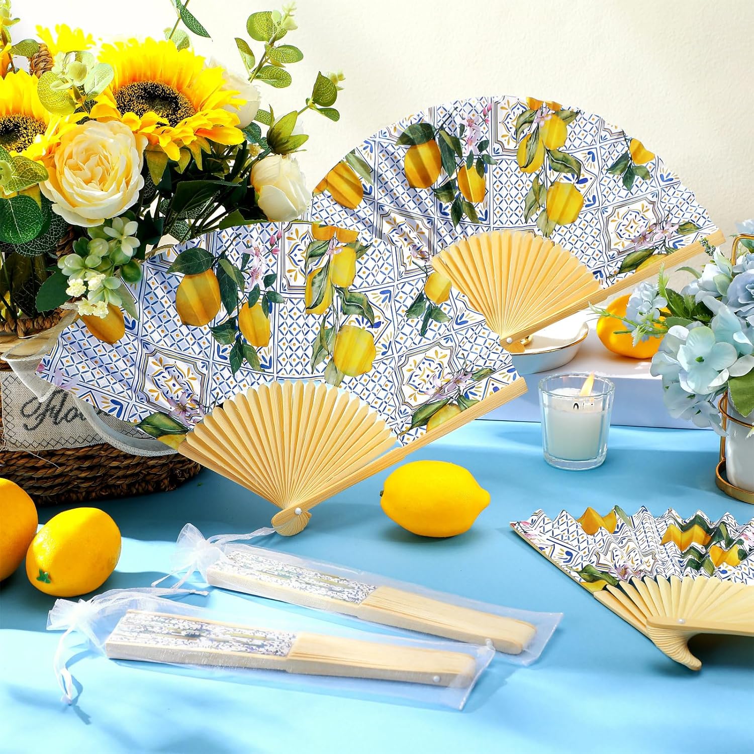 25 Sets Lemon Hand Folding Fans with Organza Bags Bulk, Guests Capri Lemon Wedding Favors for Decorations Mediterranean Paper Fans for Bridal Shower Wedding Bridesmaid Gift