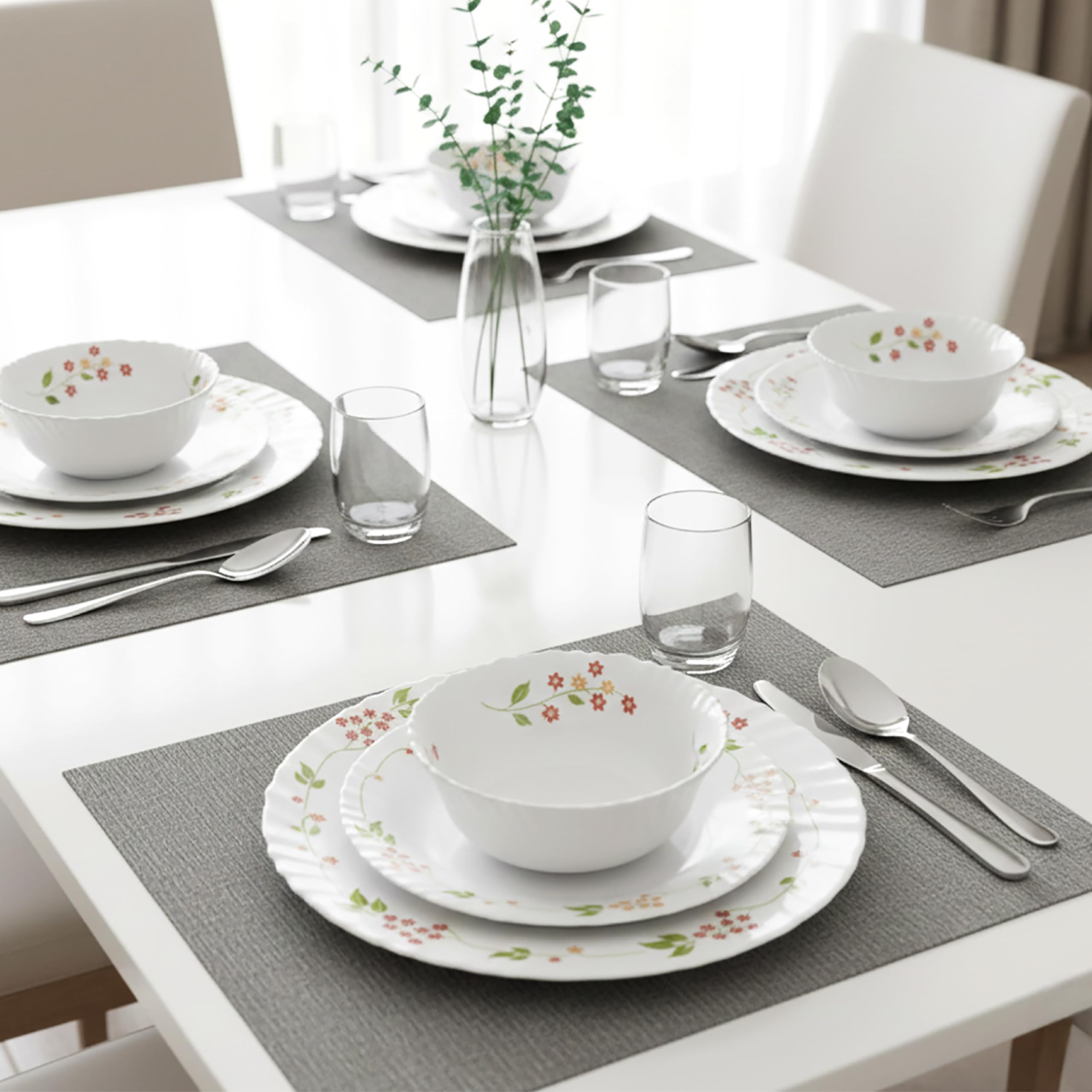 Cello Opalware seria Dazzle Secret Garden zestaw obiadowy, 35 sztuk, zestaw obiadowy ze szkła opalowego dla 6 osób, lekki, zestaw naczyń do codziennego użytku do jadalni, zestaw białych talerzy i