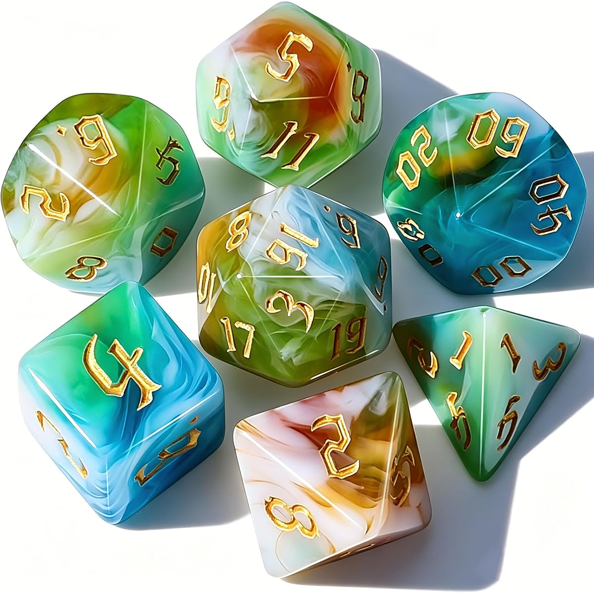 CiaraQ Juego de dados poliédricos de 7 piezas para juegos de mesa MTG de mazmorras y dragones | Dados acrílicos para juegos de rol para D&D con bolsa de terciopelo negro – Remolino verde/azul/blanco/amarillo – Tamaño estándar – Edades 14+