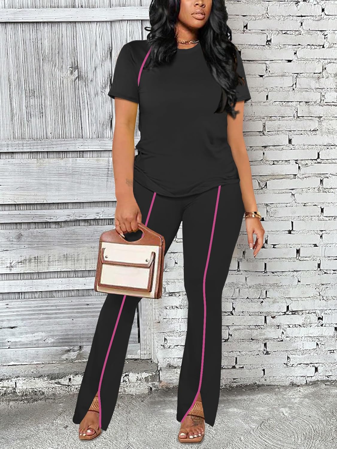 Women 2 Piece Outfits Summer Workout Sweatsuit Striped Short Sleeve Long Flare Pants Casual Vacation Tracksuit - Image 2