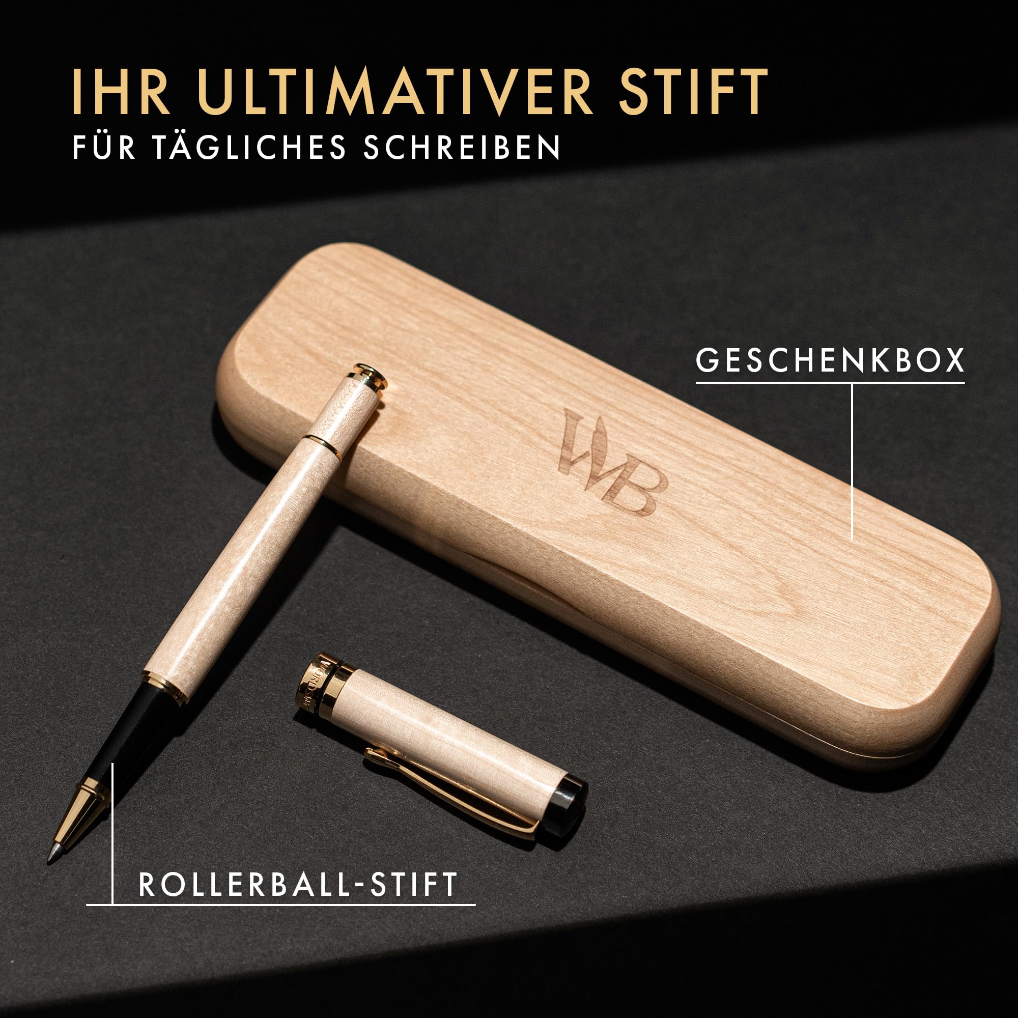 Wordsworth and Black Rollerball Pen - Atemberaubender Luxus-Stift aus Bambus Ahornholz, Goldfinish, nachfüllbar, Geschenkset für Männer & Frauen, Tinte, Bürobedarf
