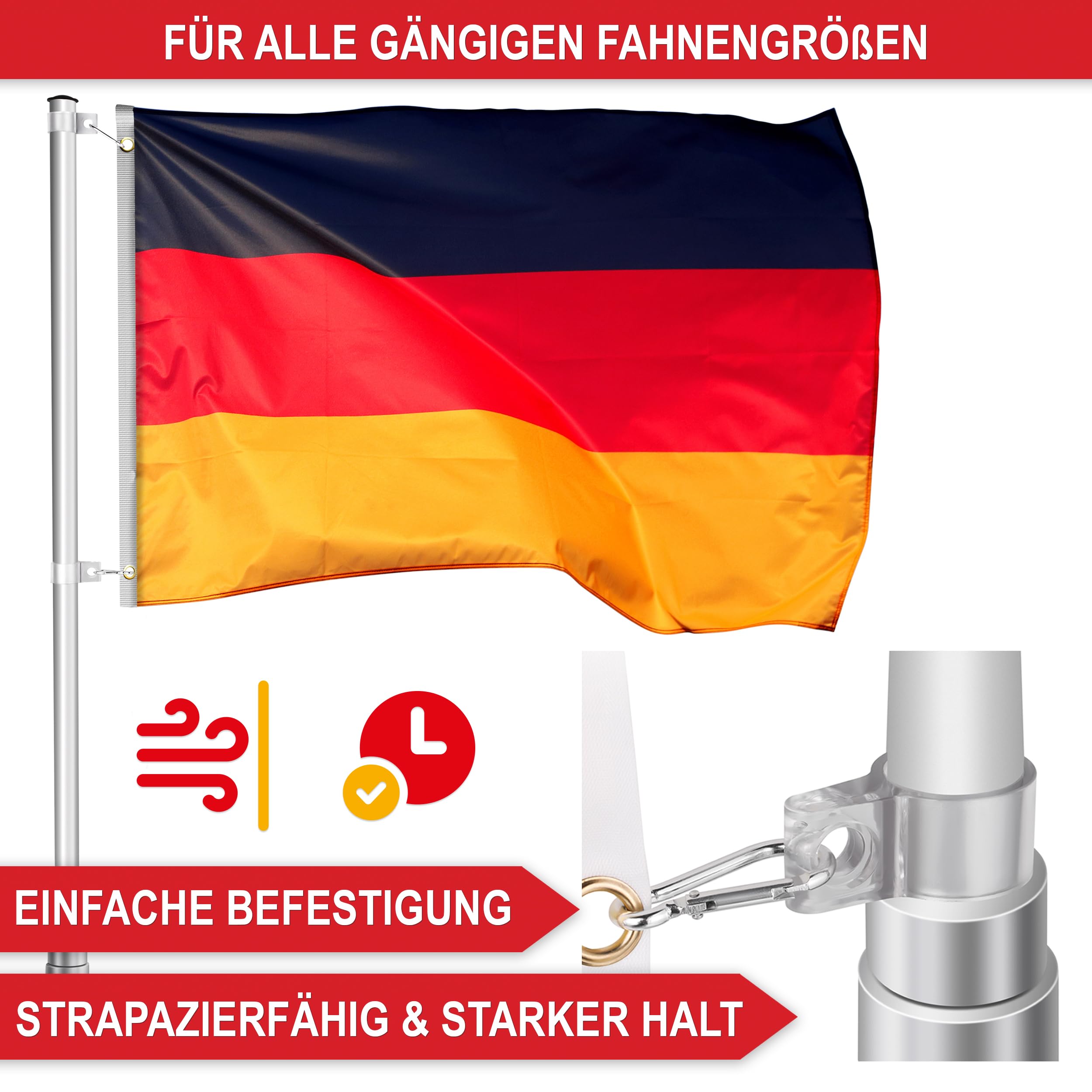 Onbest Premium Fahnenmast, Flaggenmast – Alu Teleskopstange – höhenverstellbar – Fahnenmast im Set inkl. Zwei Flaggen, Bodenhülse – ideal für den Garten, Balkon, Deutschland Flagge