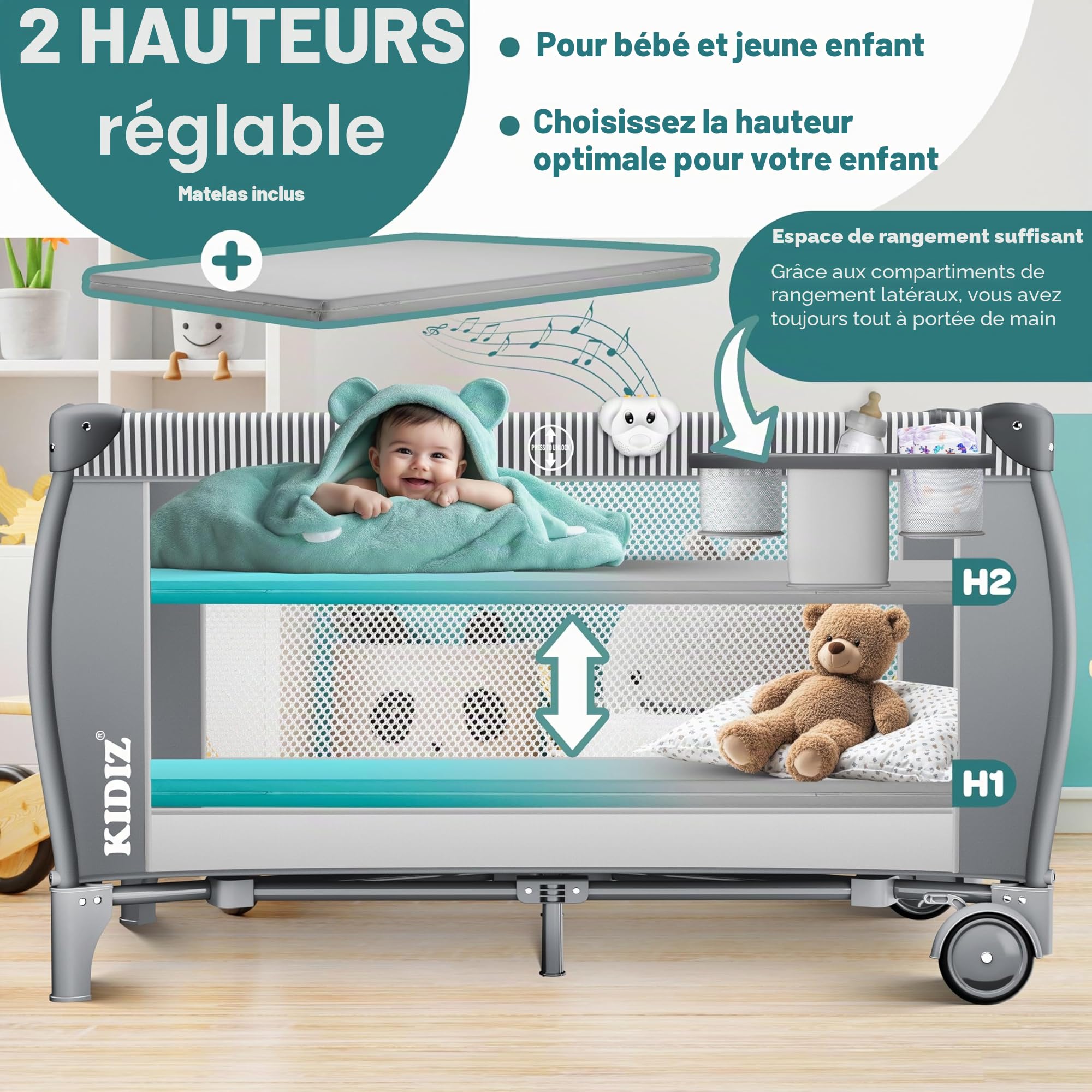 KIDIZ® Lit de Voyage 3 en 1 Parc Pliable avec Matelas à Langer, Moustiquaire, Gris de la Naissance à 15 kg