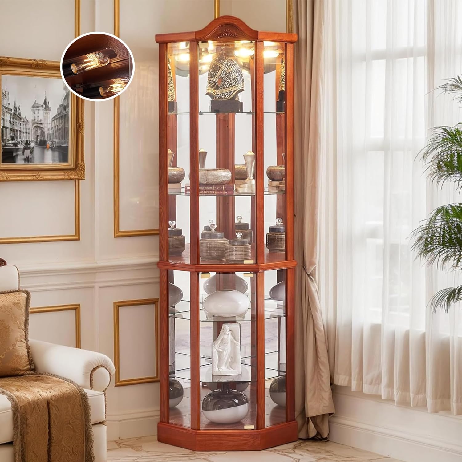 72" H Lighted Curio Cabinet with Light Blub, Glass Display Cabinet with 6 Adjustable Shelves, Tempered Glass Doors, Corner Wine Cabinet Storage Rack for Bar and Liquor Storage (Oak)