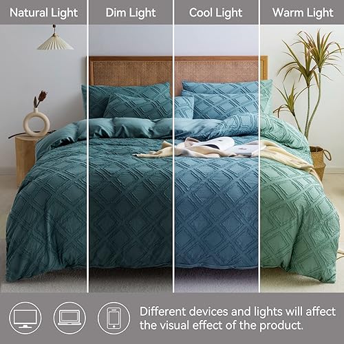 Miniatura 8 de JELLYMONI Juego de funda de edredón azul grisáceo, talla individual, 3 piezas, microfibra, estilo capitoné, texturado, bohemio, patrón geométrico de