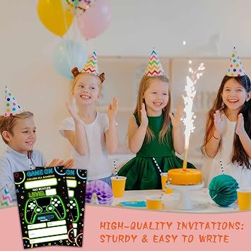 Neon Game Birthday Invitations with Envelopes(20-Pack), 4x6 Video Game Style Fill-In Birthday Party Invites-yqk-b17