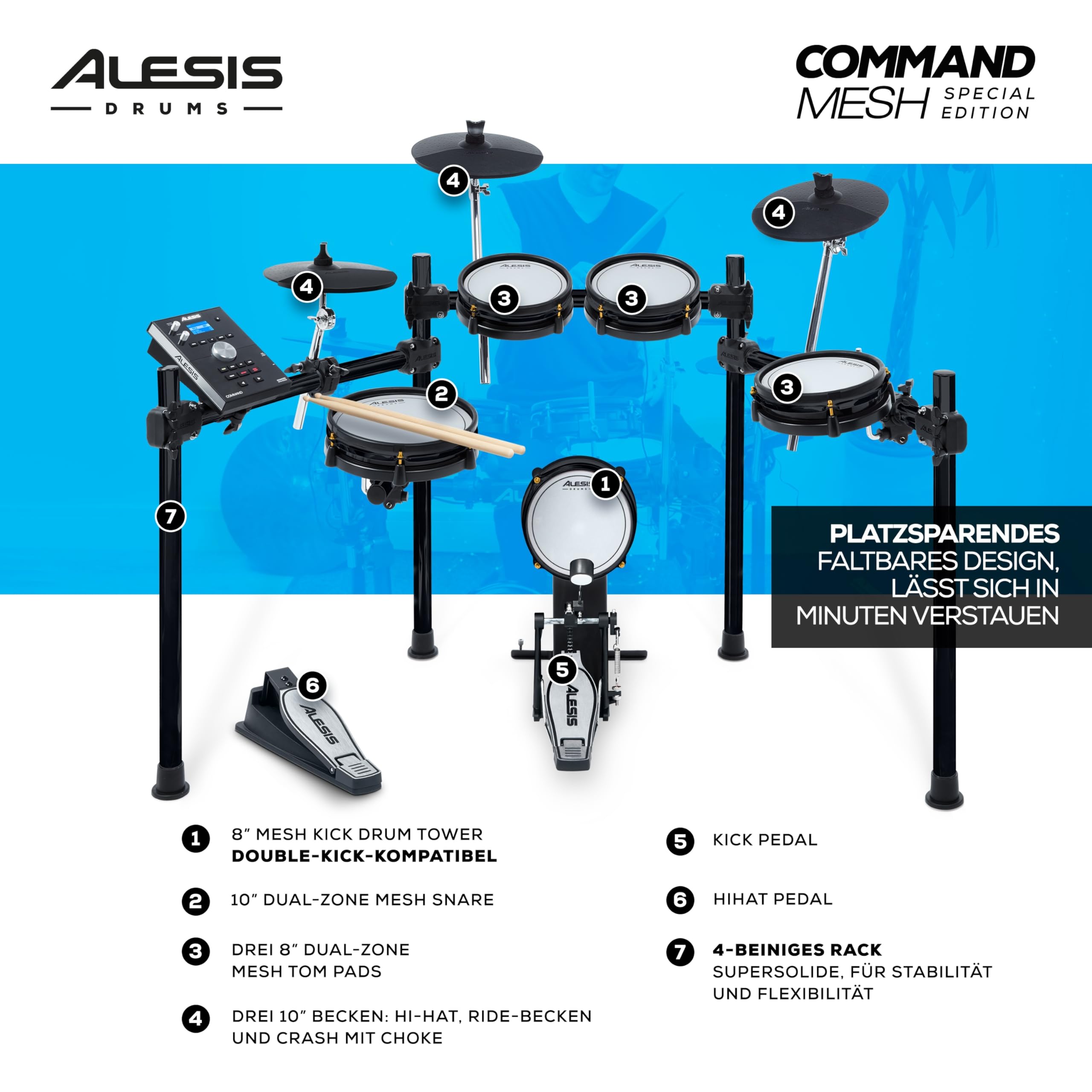 Alesis Command SE Kit - Schlagzeug Elektronisch mit USB MIDI Anschlüsse, E-Drums mit 600+ Schlagzeug Sounds und 120 Play Along Tracks und Drumsticks