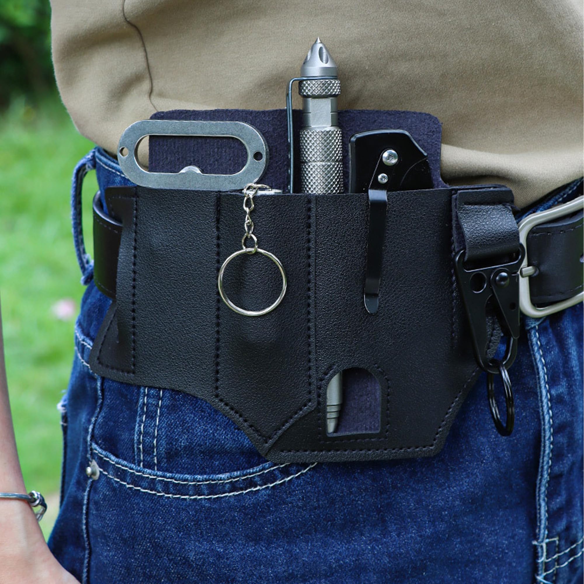 Organisateur de Gaine en Cuir EDC, Gaine Multifonction Taille Boucle de Ceinture avec Porte-clés, Organisateur de Poche avec Porte-Stylo, Gaine de Lampe de Poche, Outils de Camping en Plein air