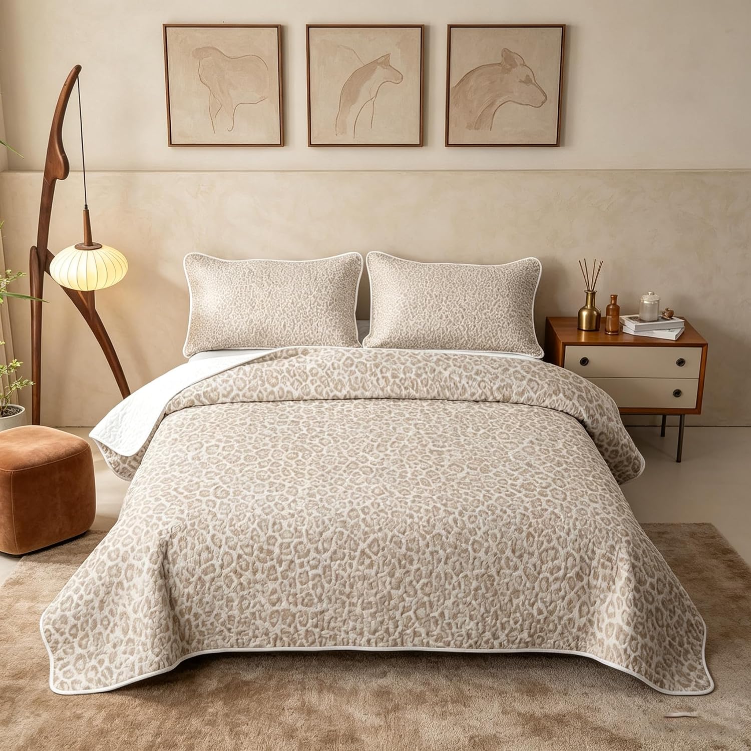 Feelyou Leopard Print 3 Piece Quilt Set Cheetah Bedding Set Full Size
