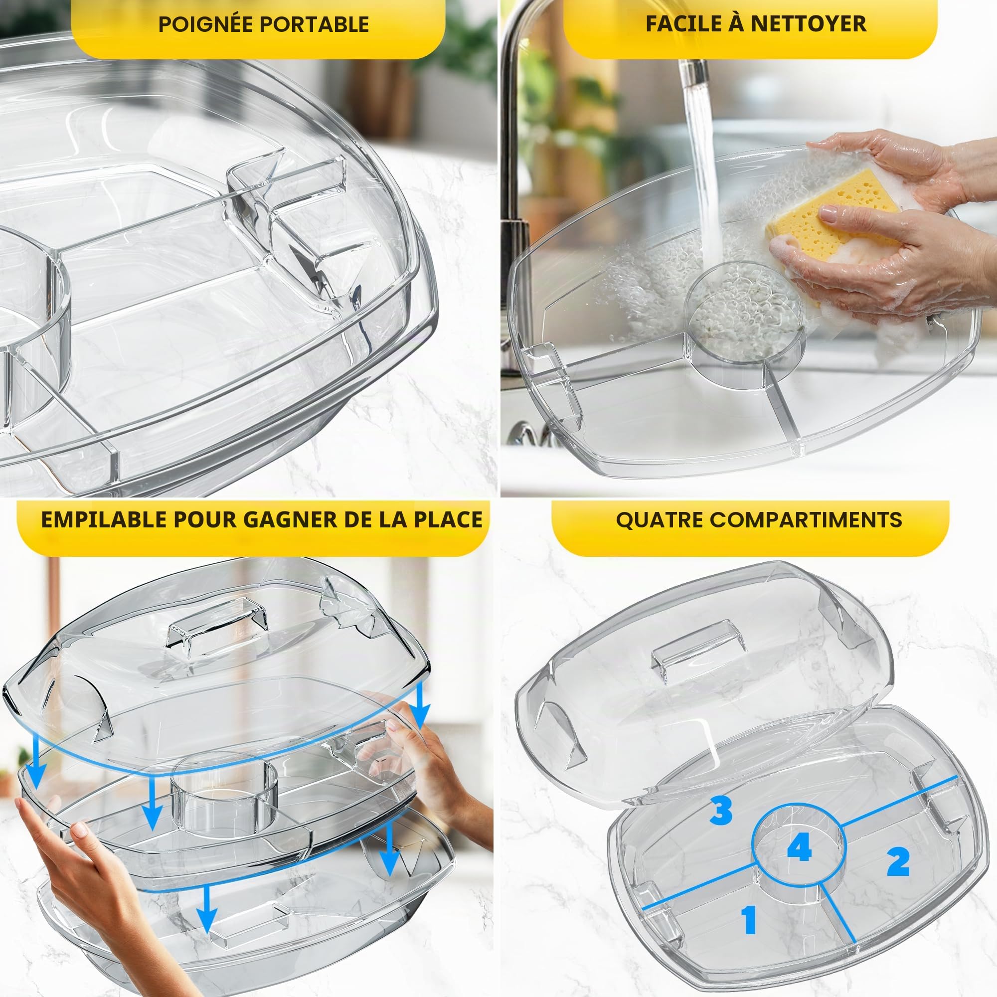 Plateau de service réfrigéré de qualité supérieure pour les fêtes – Plateau de fête glacé glacé de 38,1 cm avec couvercle et support pour trempettes – Plat froid fonctionnel avec 4 compartiments –