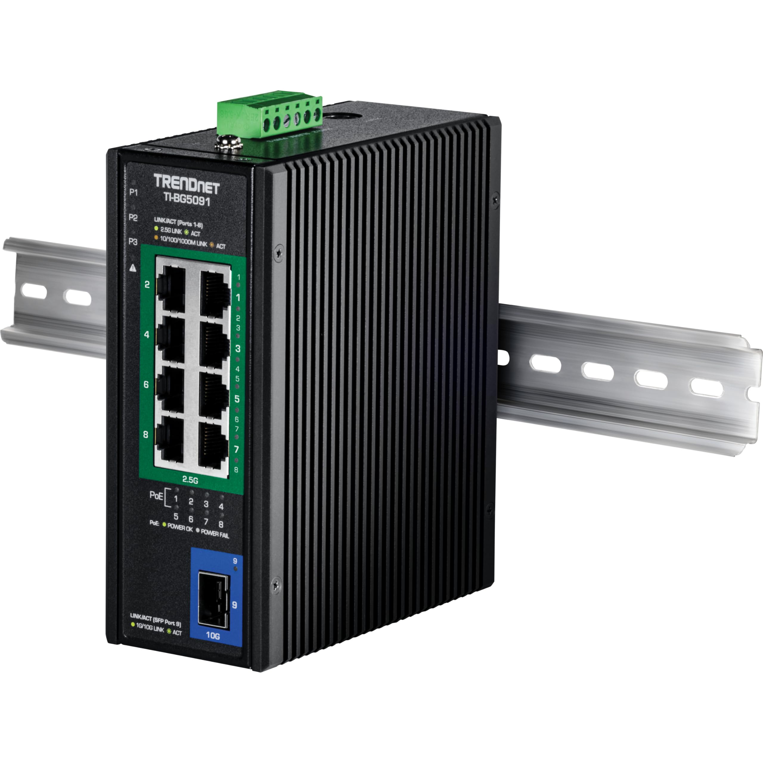 TRENDnet, TI-BG5091, Switch PoE++ industriale 2.5G su guida DIN a 9 porte con porta SFP+ 10G, Multi-Gigabit, 8 porte PoE++ 2.G, 1 porta SFP+ 10G