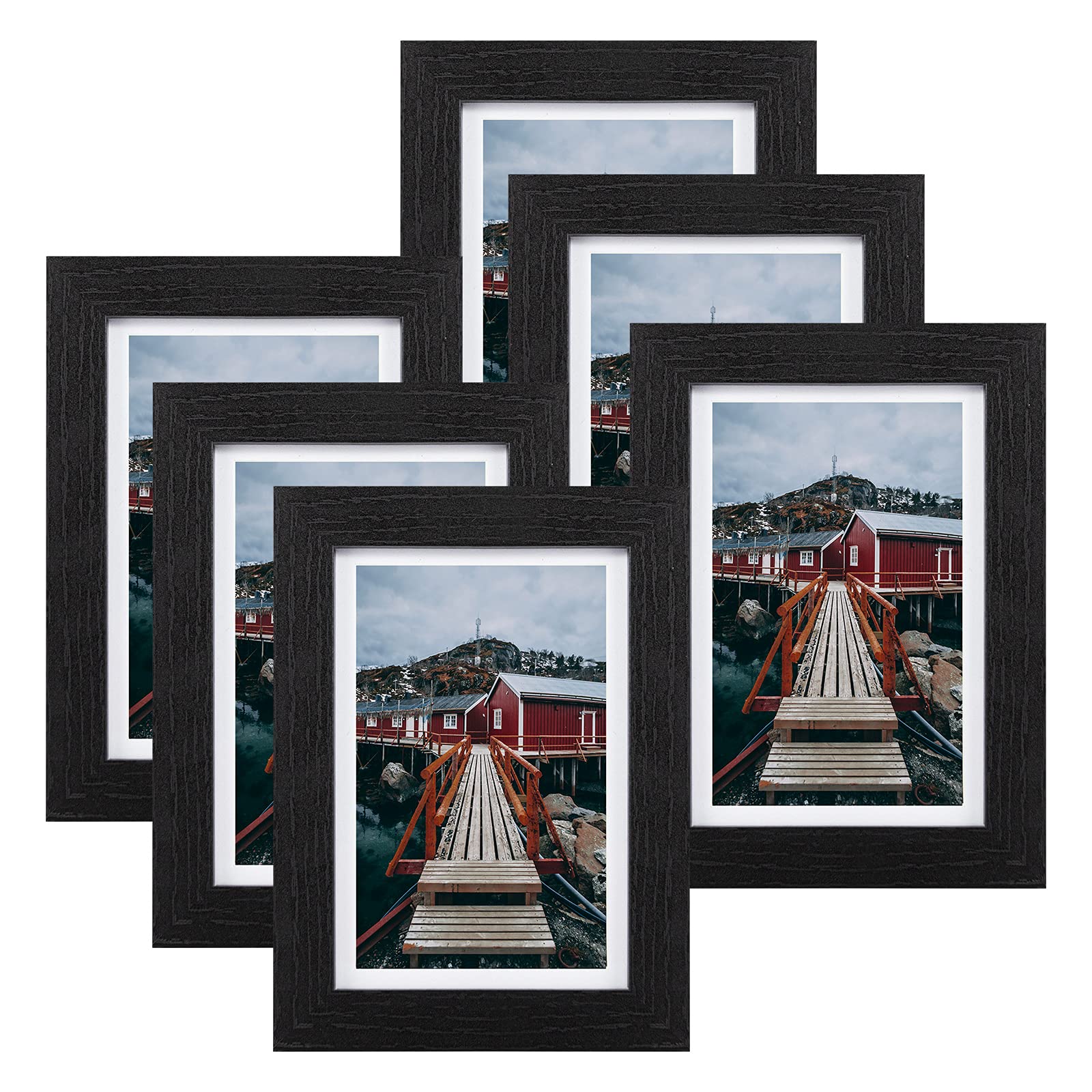 BEYAHELA 4x6 Picture Frame Set of 6, Black 4x6 Frame Display 3x5 With Mat or 4x6 withou Mat, Real HD Glass & Wooden Photo Frame for Table Top or Wall Mounting (Black)