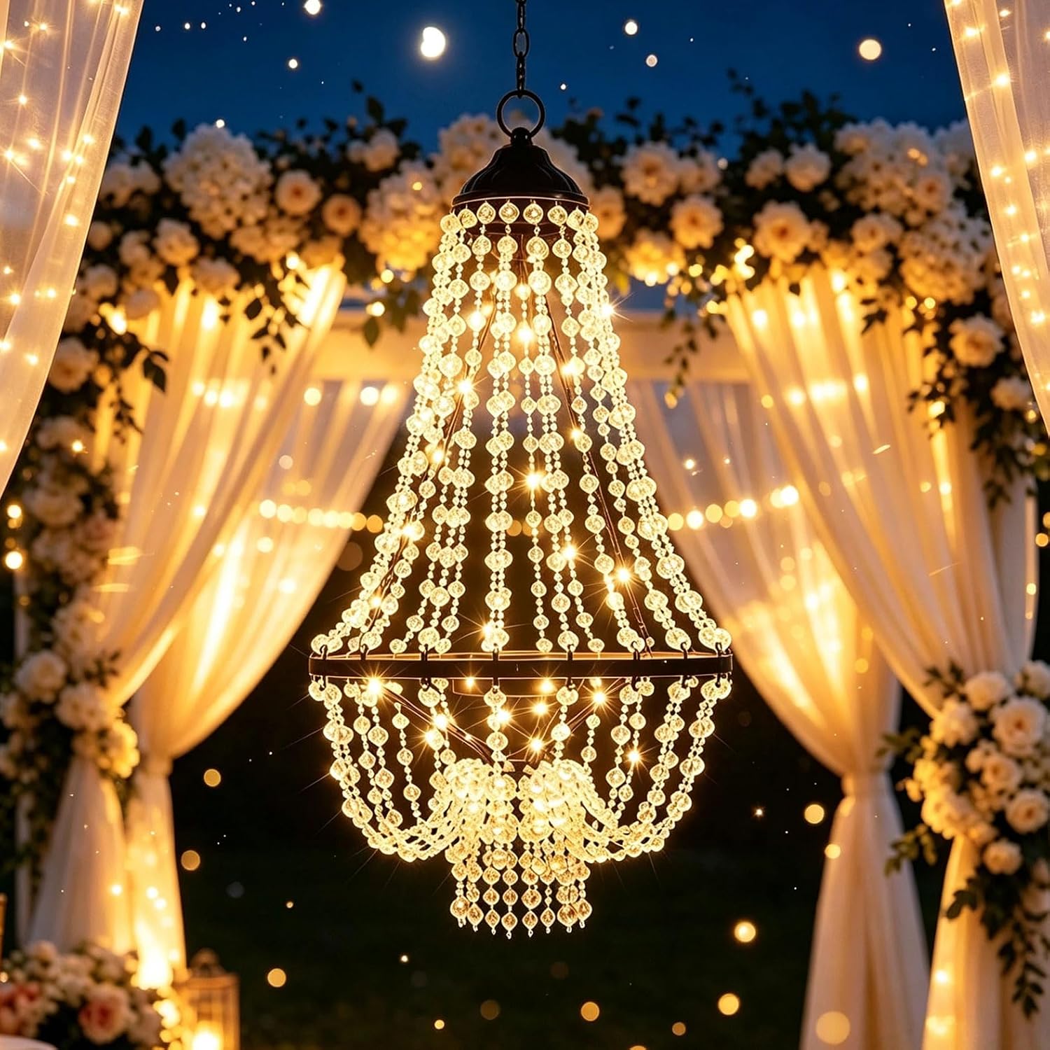 Solar Hanging Crystal Chandelier, Waterproof LED Outdoor Garden Decor Light