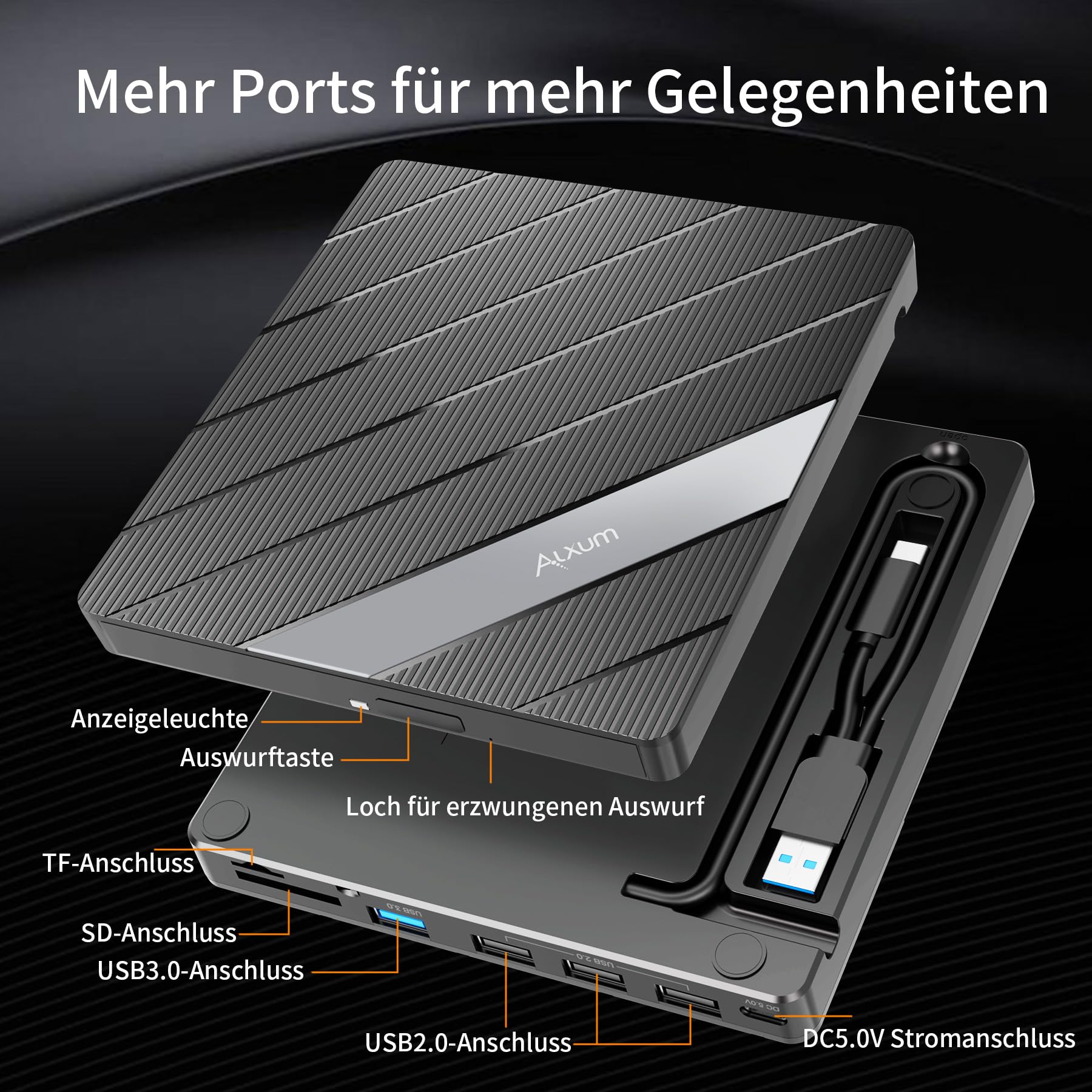Alxum Externes DVD Laufwerk - USB 3.0 Type C CD Laufwerk extern USB mit SD/TF Kartenleser und USB Anschlüsse, Externer CD Brenner für Laptop,Desktop,Windows,Linux,Mac OS,Vista