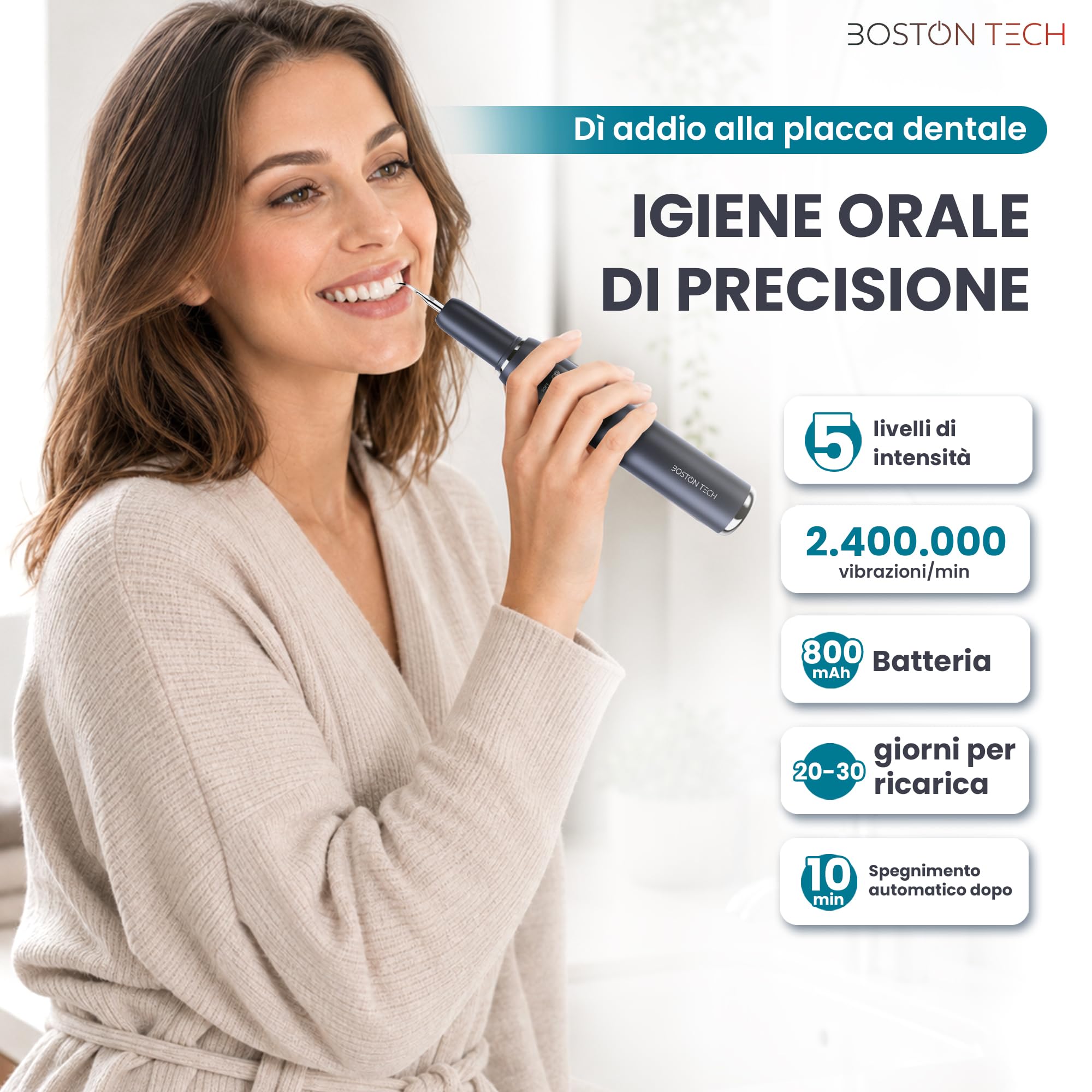 Boston Tech DENTRA Ablatore Tartaro Ultrasuoni, Pulitore Denti Elettrico per Rimuovere Placca e Tartaro, Kit Pulizia Denti con 5 modalità, Ricarica Type-C e Spegnimento Automatico 10 Minuti