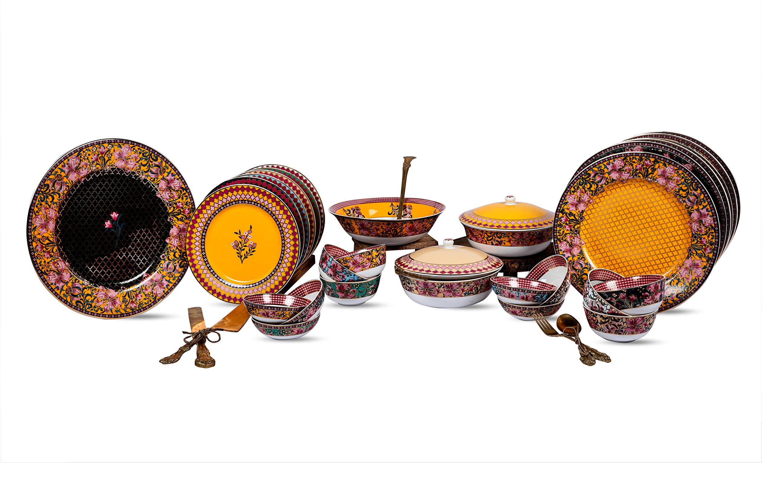 Vikas Khanna By Celeste Moksha Ceramic Dinner Set, Décor Settings, 24 K Gold Plated, Color- Yellow