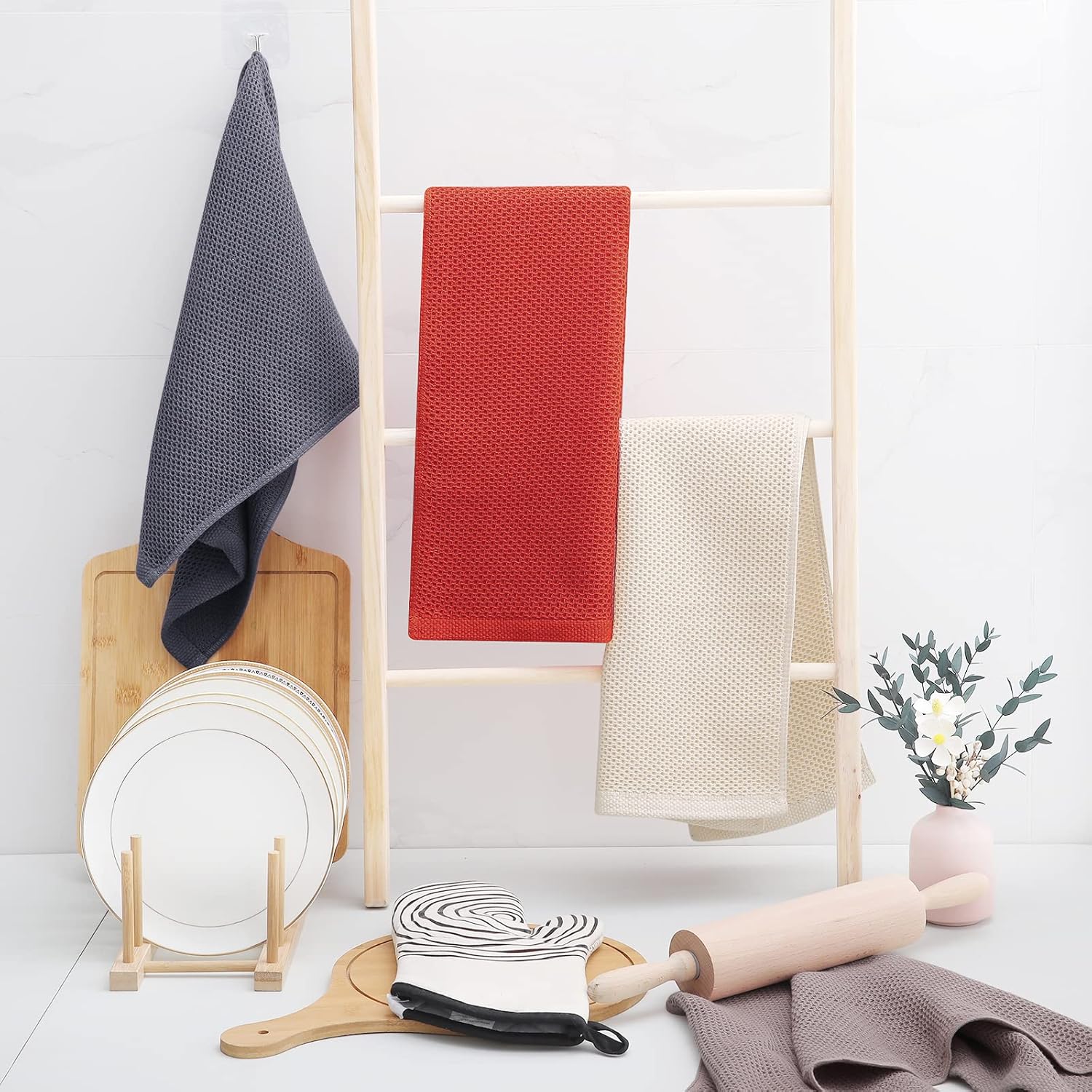 Homaxy Kitchen Towels and Dishcloths Set, 12 x 12 Inches and 13 x 28 Inches, Set of 10 Bulk Cotton Kitchen Towels Set, Ultra Soft Absorbent Dish Towels for Washing Dishes, Mixed Color