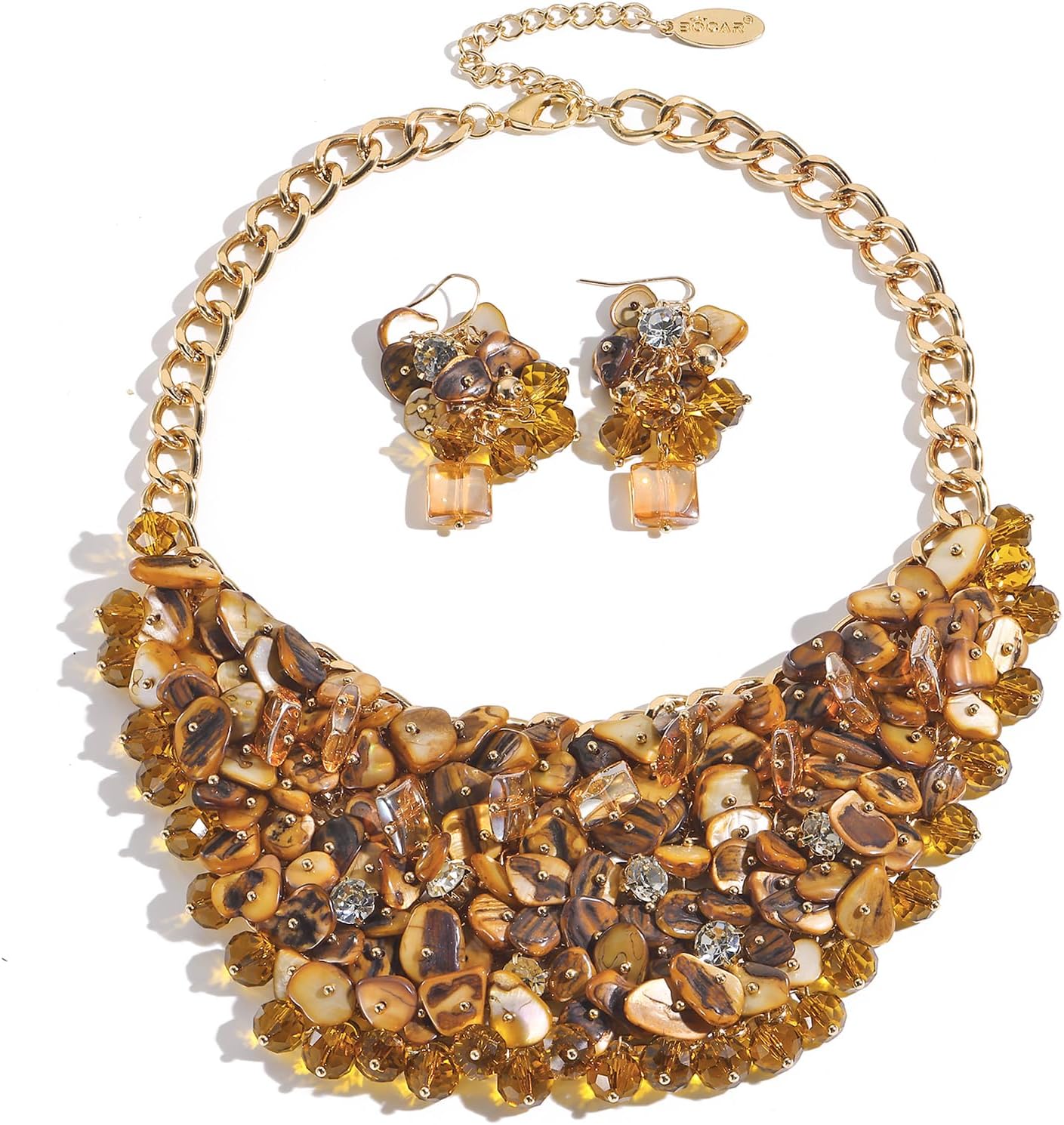 Bocar Bohemian Gravel Beads Bib Necklace and Earrings Set for Women, Handmade Chunky Statement Jewelry for Beach Vacation, Party, Wedding