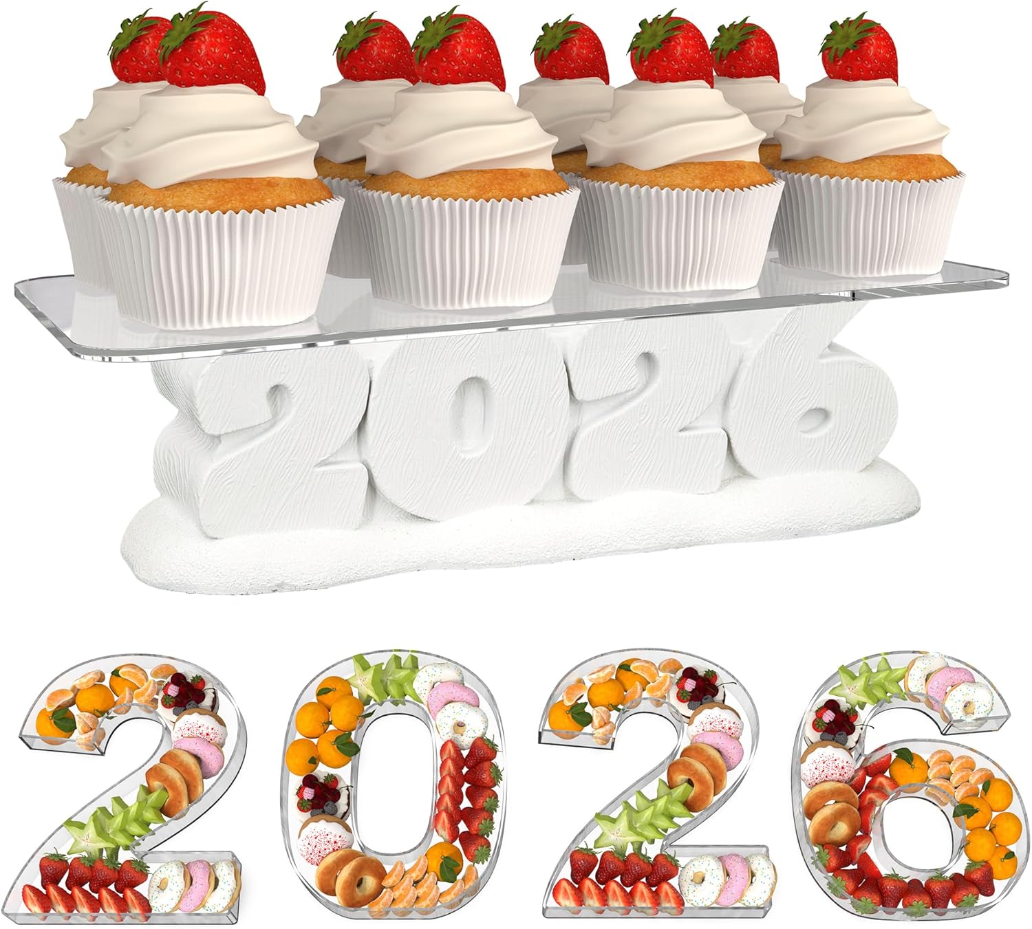 2026 Party Display Set, Cupcake Stand Dessert Food Display Risers with LED Light & Acrylic Charcuterie Board for for Snacks Cookies for Christmas New Year Graduation Anniversary