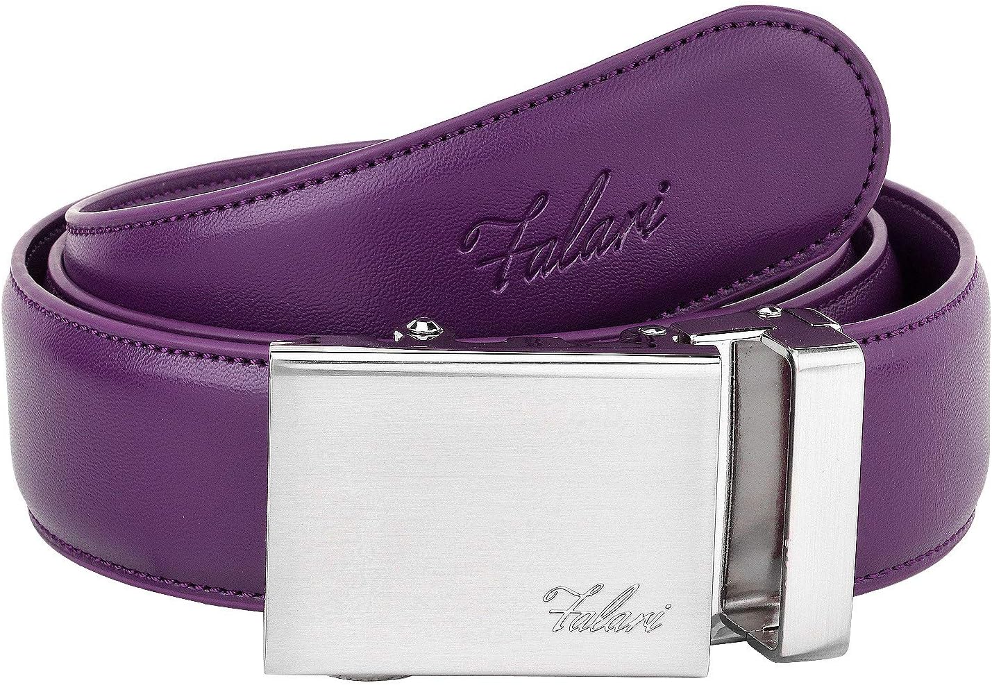 Falari Men Unisex Genuine Leather Ratchet Dress Belt Automatic Sliding Buckle - 20 Variety Colors - Trim to Fit 8170 - Plum XL - Fit from waist 28 to 42"
