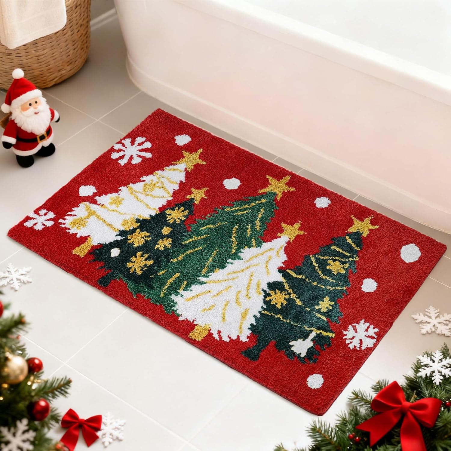 JarThenaAMCS Christmas Bathroom Rug 19.7 x 35.4 Inch Xmas Tree Snowflake Tufted Bath Mat Absorbent Non Slip Shower Rug Front Door Mat for Winter Home Room Entrance