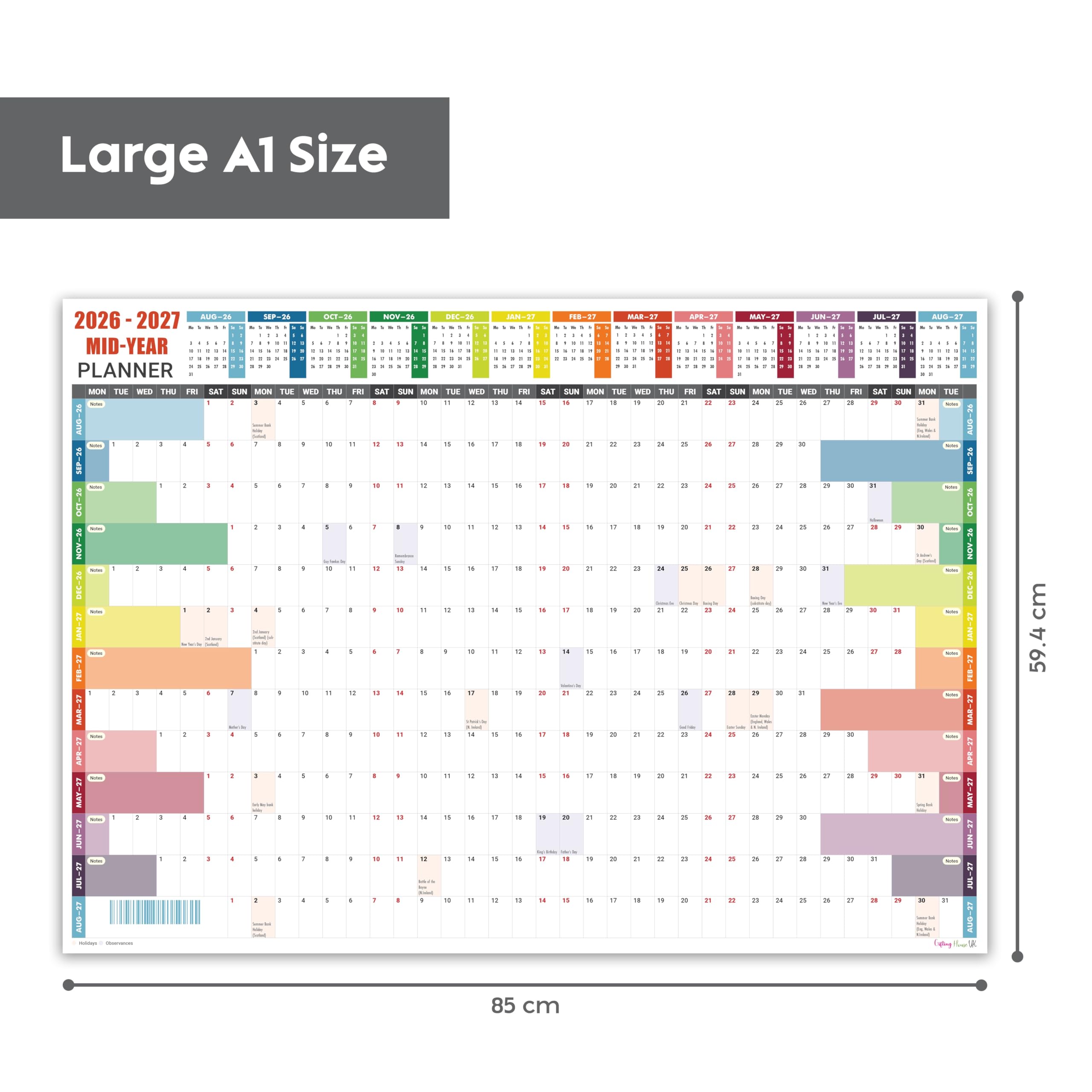 Planificador académico pared 2025-2026 laminado A1 - Calendario de agosto de 2025 a agosto de 2026 - Tamaño grande (85 x 59,4 cm) - Agenda de 13 meses 25/26 - Día