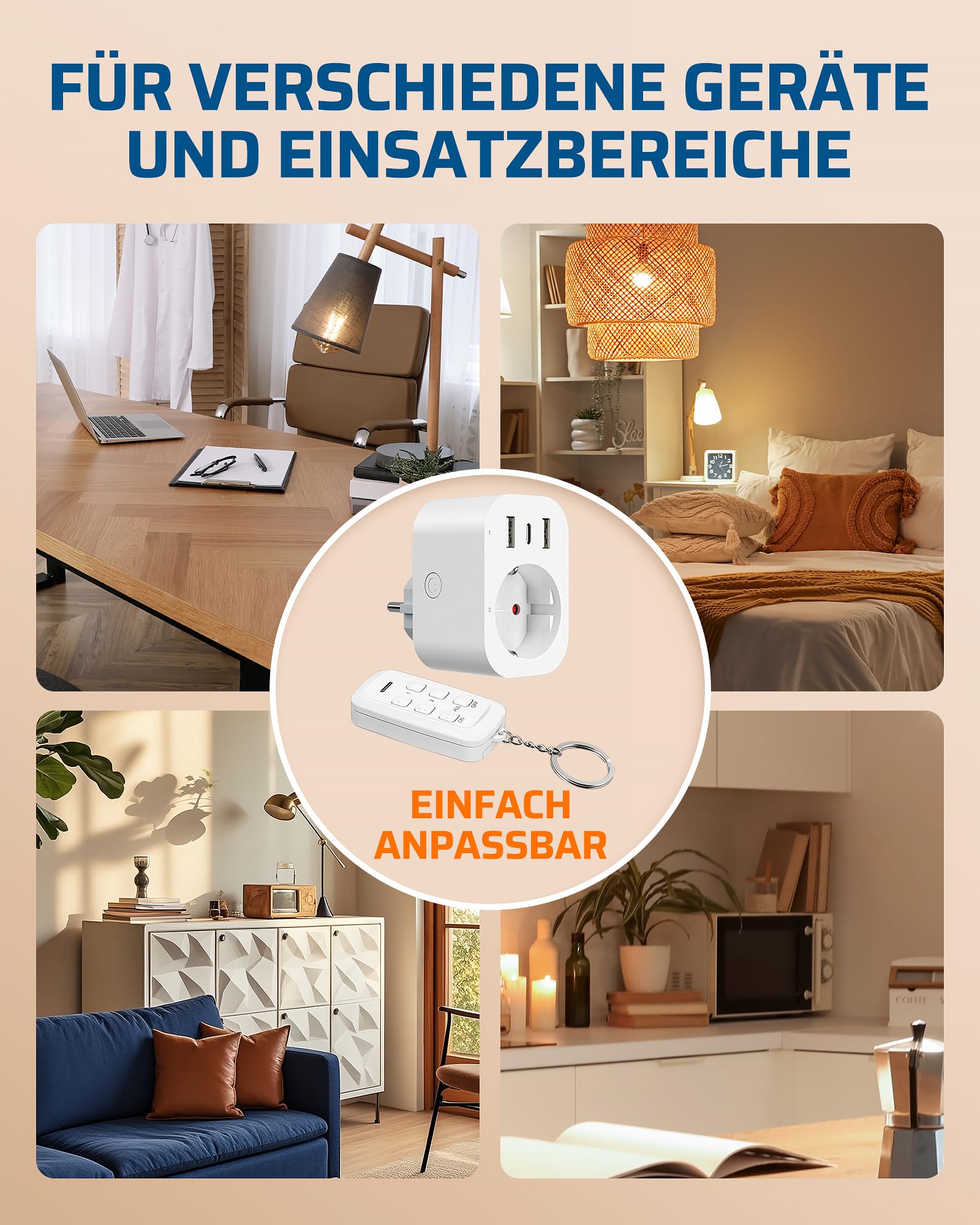 DEWENWILS Presa wireless 4 in 1 con telecomando e USB-A+C, 3680 W | Plug & Play, senza cablaggio, portata 30 m, ciabatta preprogrammata espandibile, bianco