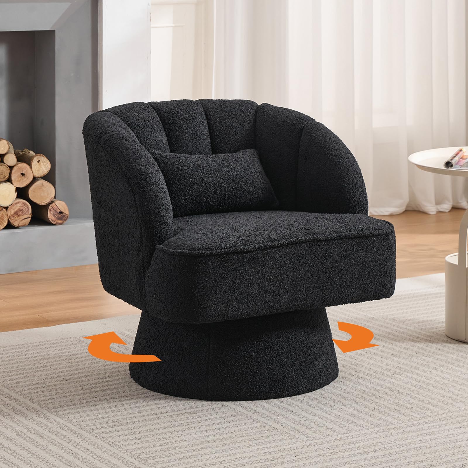 Amenitlif Swivel Barrel Chair - Teddy Bear Velvet Upholstered Modern Armchair with Striped Backrest & Plush Padding, Round Lounge Chair for Living