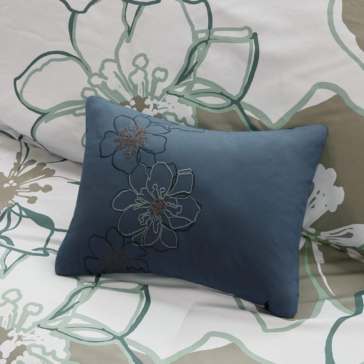 Mi Zone Allison Comforter Set Fun Bedroom Décor - Modern All Season Floral Vibrant Color Cozy Bedding Layer, Matching Sham, Decorative Pillow, Full/Queen, Blue/Grey 4 Piece