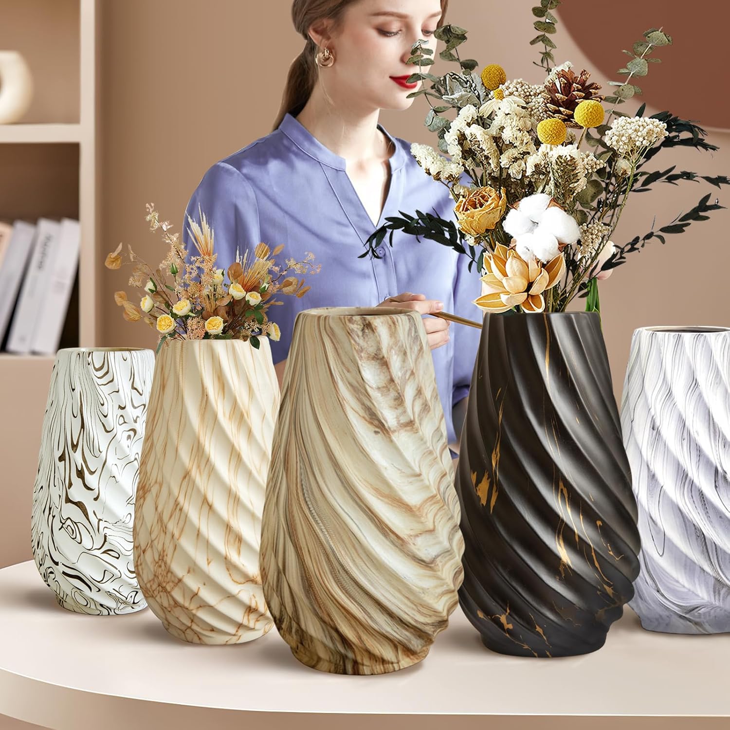 10 inch Tall Ribbed Ceramic Vase for Flowers,Boho Vases for Pampas Grass,Fluted vase,Simple Modern Decorative Vase for Home Decor Table Centerpieces (Milk Pattern) - Image 6