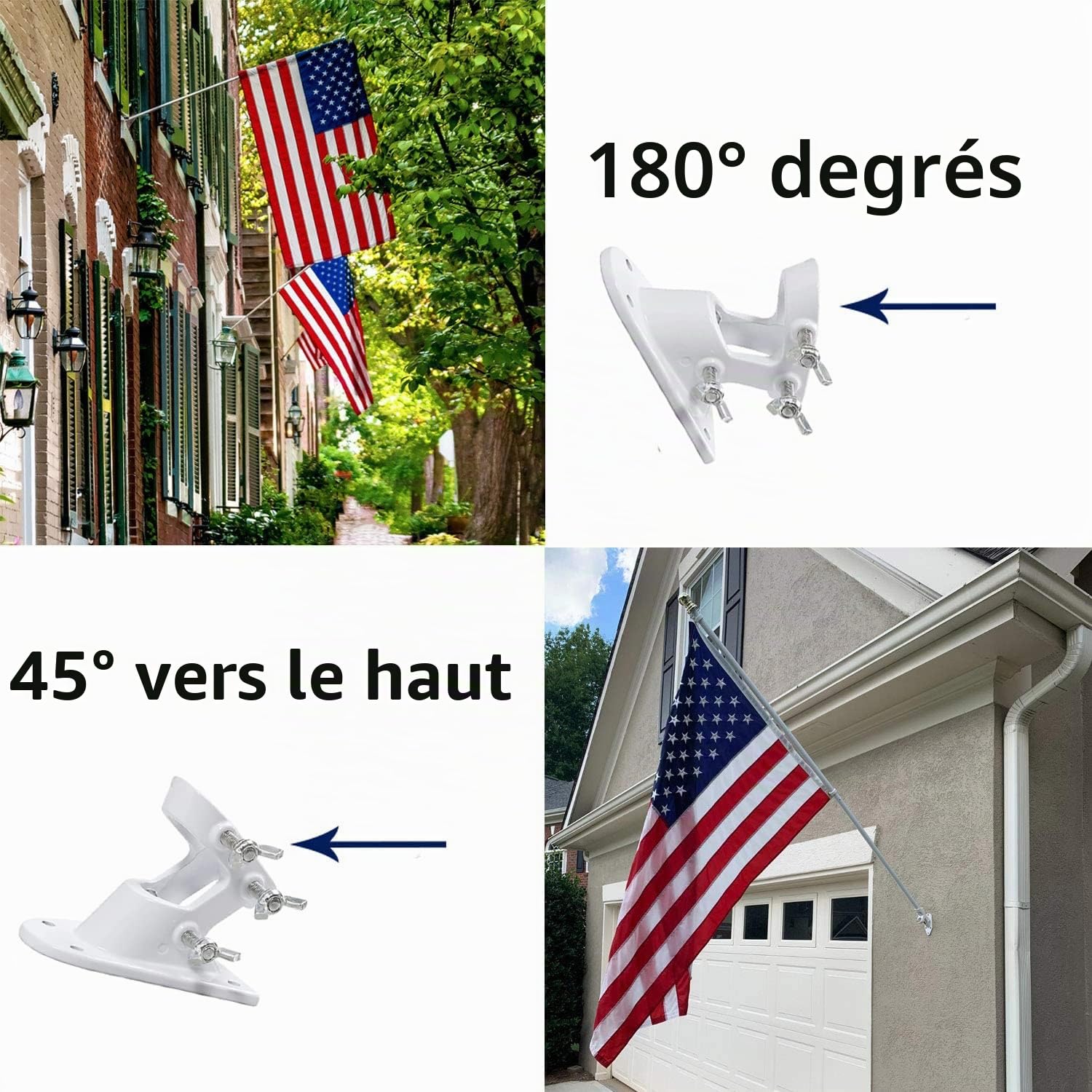 Kit de Mât de Drapeau en Aluminium Argent 180cm, avec Support Mât de Drapeau en Acier Inoxydable à Fixe au Mur avec Anneaux Rotatifs/Base Blanche