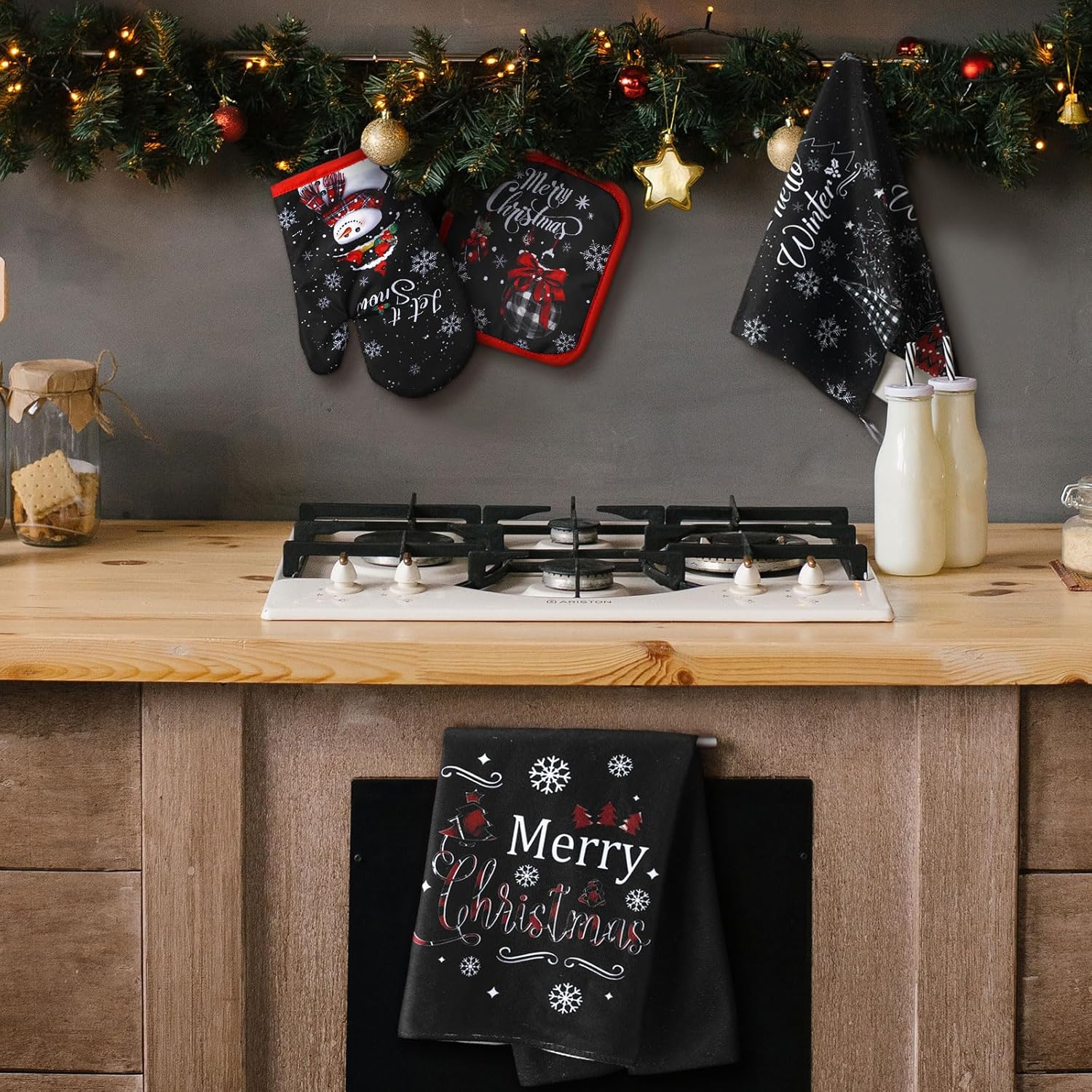 6 Pcs Christmas Kitchen Decor Set Kitchen Towels Oven Mitts and Pot Holders Xmas Tree Dish Towels Oven Mitts and Pot Holders for Baking Home(Christmas Snowflakes Style) - Image 3