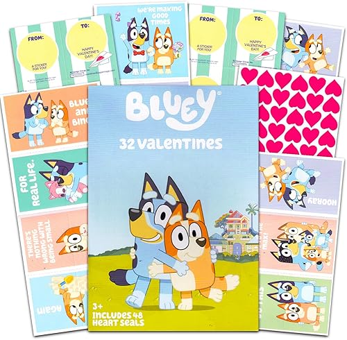 Bluey - Juego de tarjetas para el día de San Valentín, paquete incluye 32 tarjetas Bluey de San Valentín con calcomanías, tarjetas Bluey para