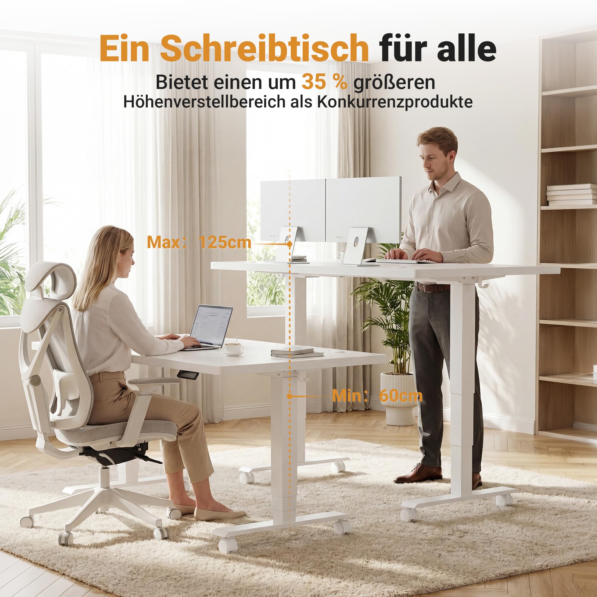 Claiks Höhenverstellbarer Schreibtisch 160×75 cm, Mit 2 Elektrischen Motoren, 25mm Dicke Tischplatte, 130KG Tragkraft Schreibtisch Höhenverstellbar mit 3-Funktions-Memory & 4 Geräuscharme Rollen, Weiß