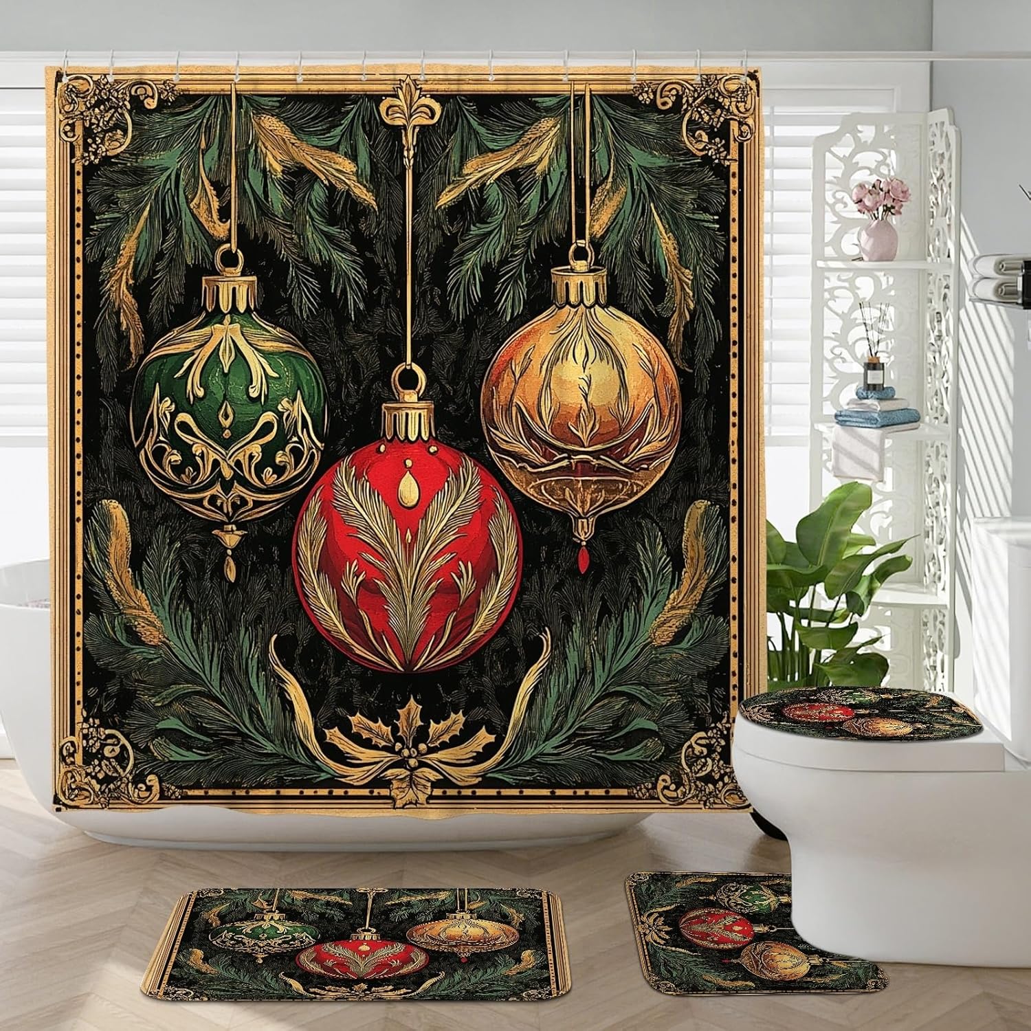 4PCS Vintage Merry Christmas Balls Bathroom Sets with Non-Slip Rug, U Shape Toilet Lid Cover Mat, Retro Baroque Xmas Bathroom Decoration 72''x72''