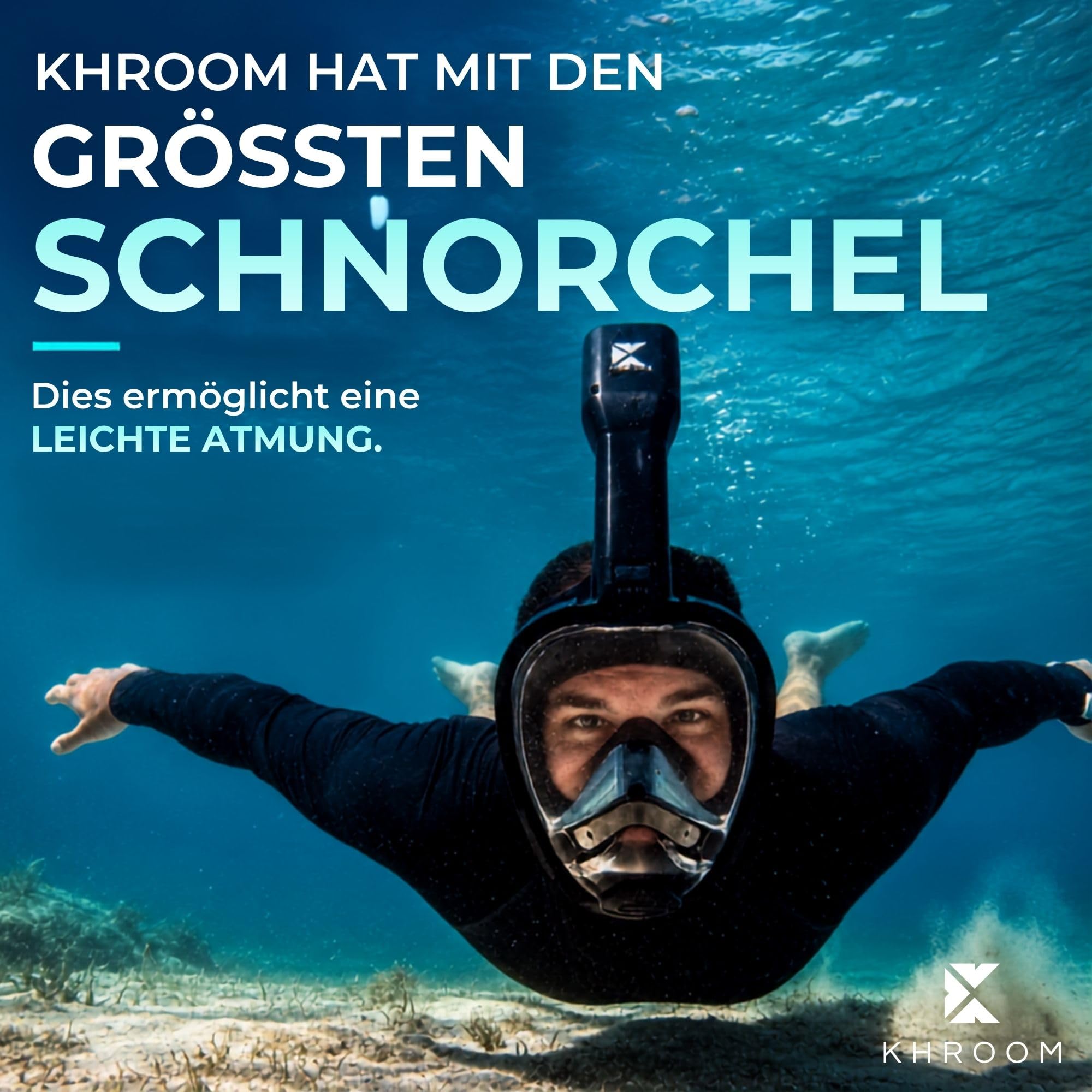 Khroom Schnorchelmaske für Erwachsene Seaview Pro, CO2 sicher | Bekannt aus Höhle der Löwen | Vollgesichtsmaske | 3x größerer Luftkanal | Anti-Beschlag | Action-Cam-Halterung