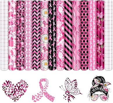 Tintnut Black Pink Ribbon Permanent Vinyl - 12 Sheets 12"x10" Pink Ribbon Patterned Permanent Adhesive Vinyl for Cutting Machine, Home Decor Self Sticker