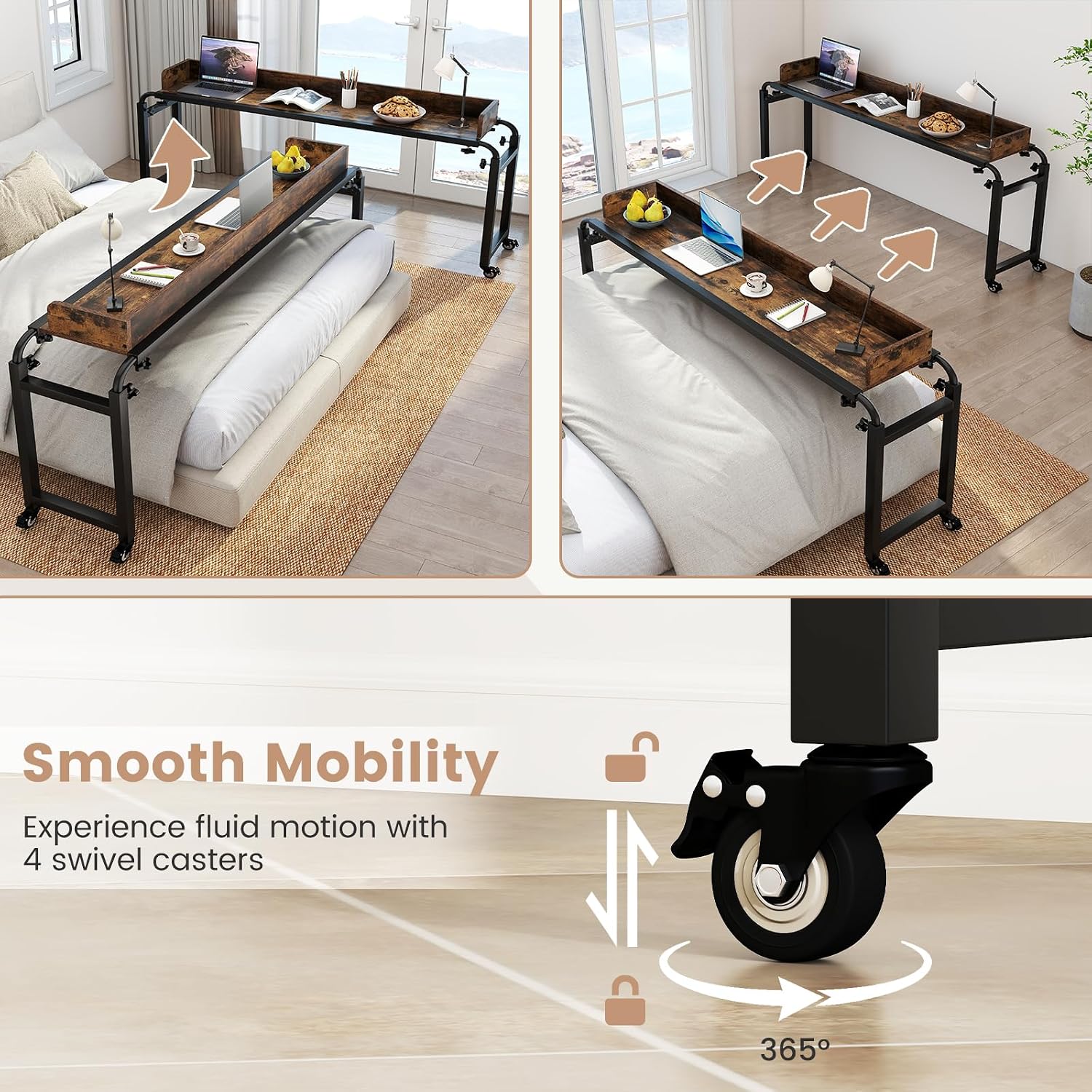 Giantex Overbed Table with Wheels, 81" Queen Size Bed Desk with Adjustable Height and Length, Rolling Laptop Table with Metal Frame, Computer Desk for Bedroom, Home, Hospital