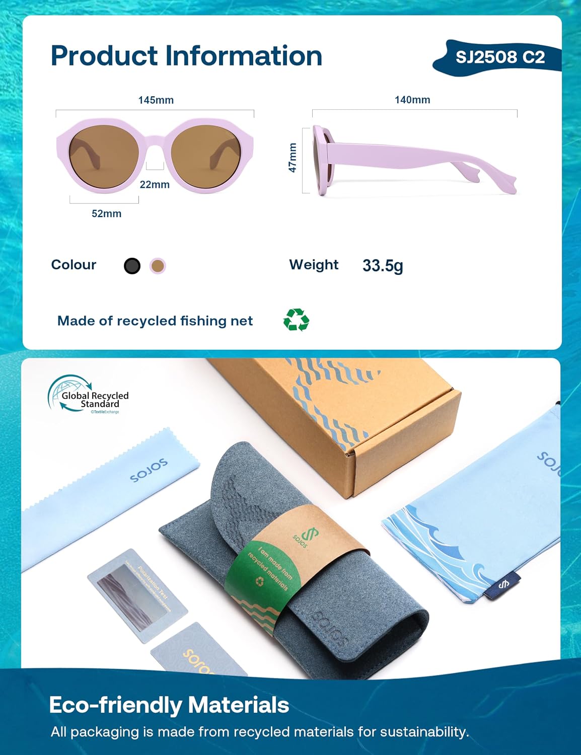 SOJOS Ocean Collection Round Sunglasses Recycled Fishing Net Frame Eco-Friendly UV400 Polarized Lenses, Indian Ocean