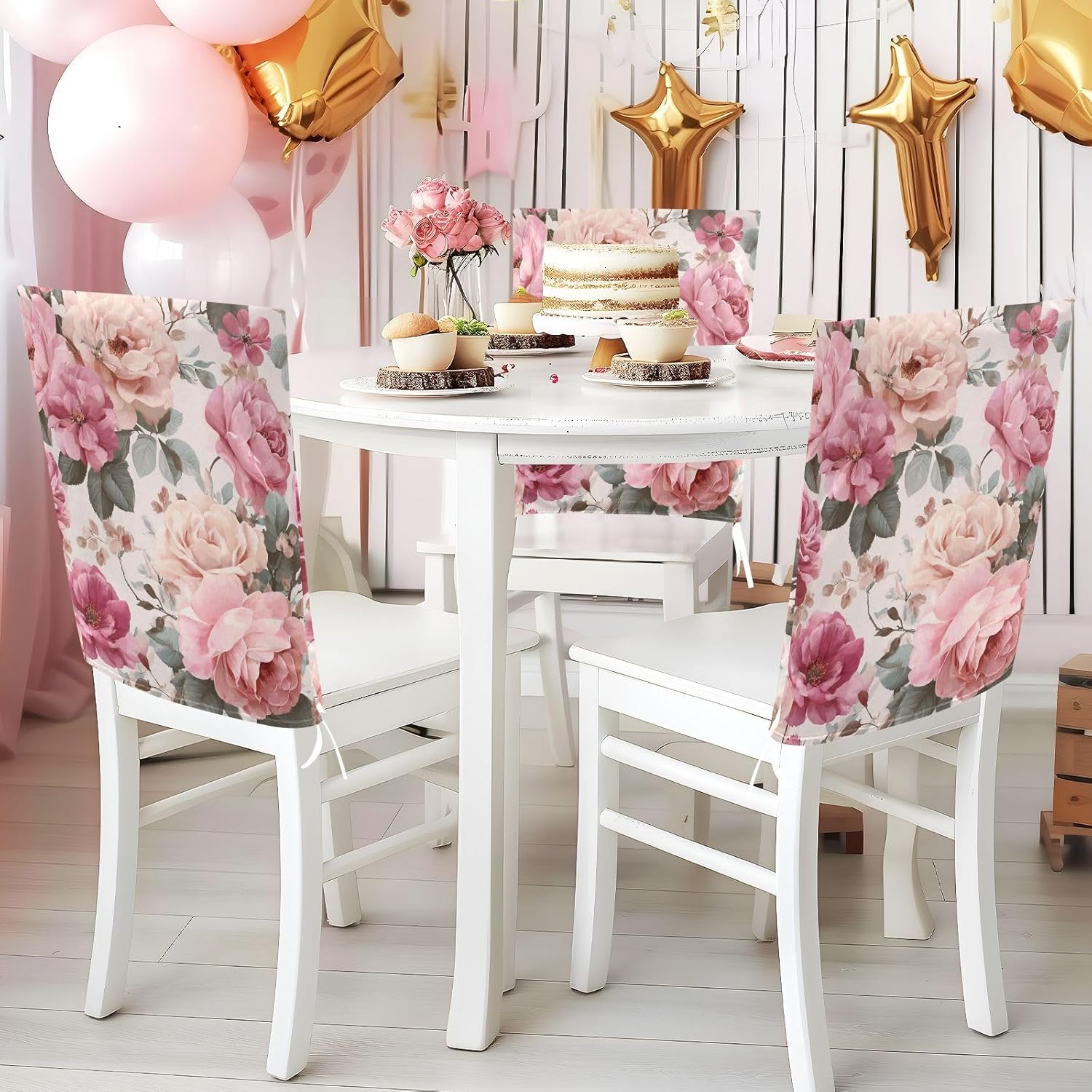 ALAZA Pink Floral Roses Chair Back Cover Set of 6, Washable Reusable Removable Chair Slipcovers Decorative Chair Cover for Home Kitchen Wedding Party